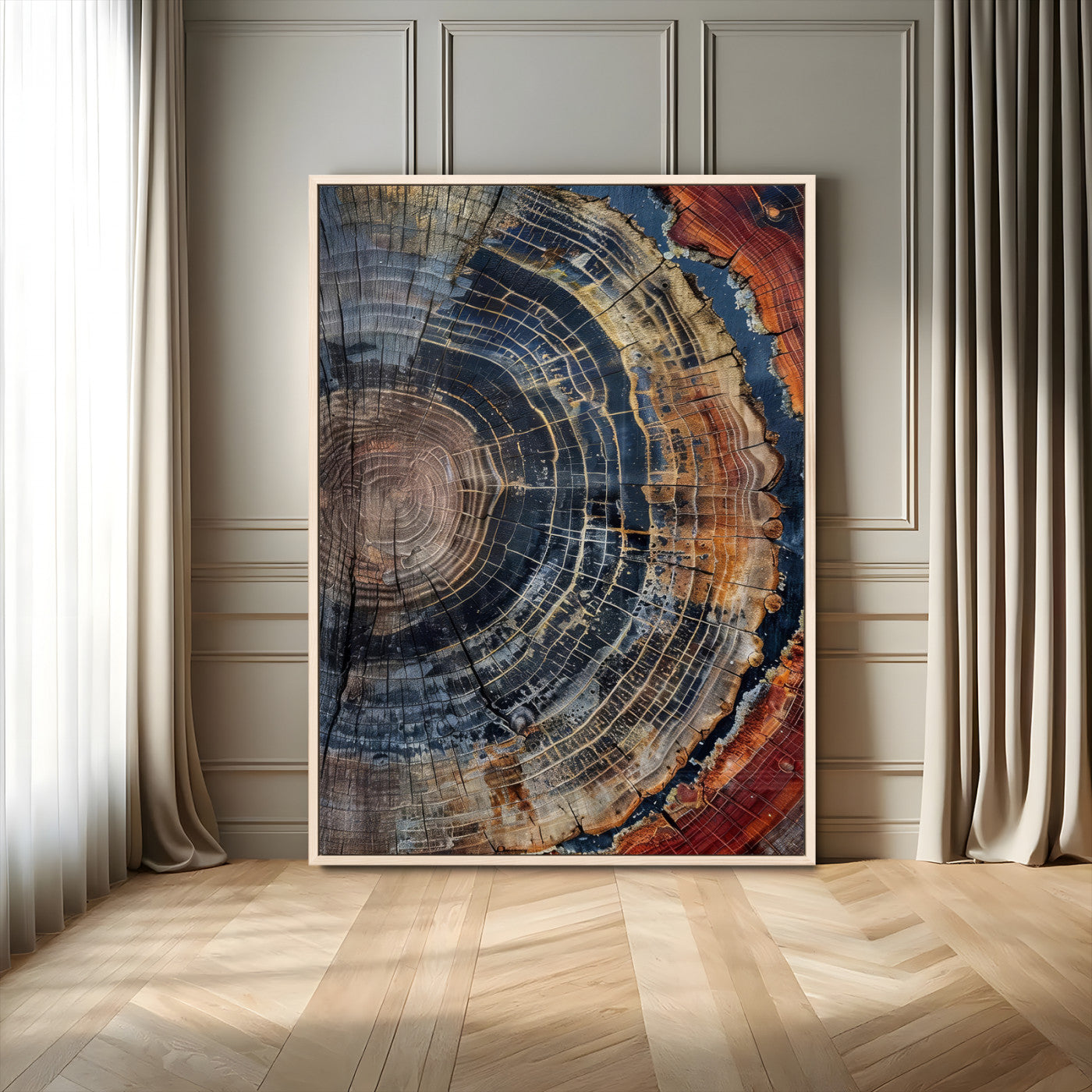 Close-up of a tree ring cross-section showing detailed growth rings in earthy tones, perfect for rustic or nature-inspired home decor.