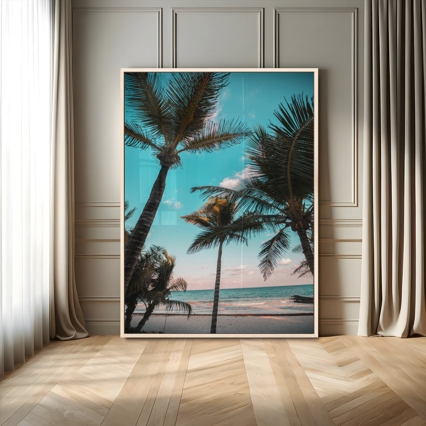 Tall palm trees swaying over a tropical beach with turquoise ocean waves and a soft sunset glow, creating a relaxing coastal vibe.