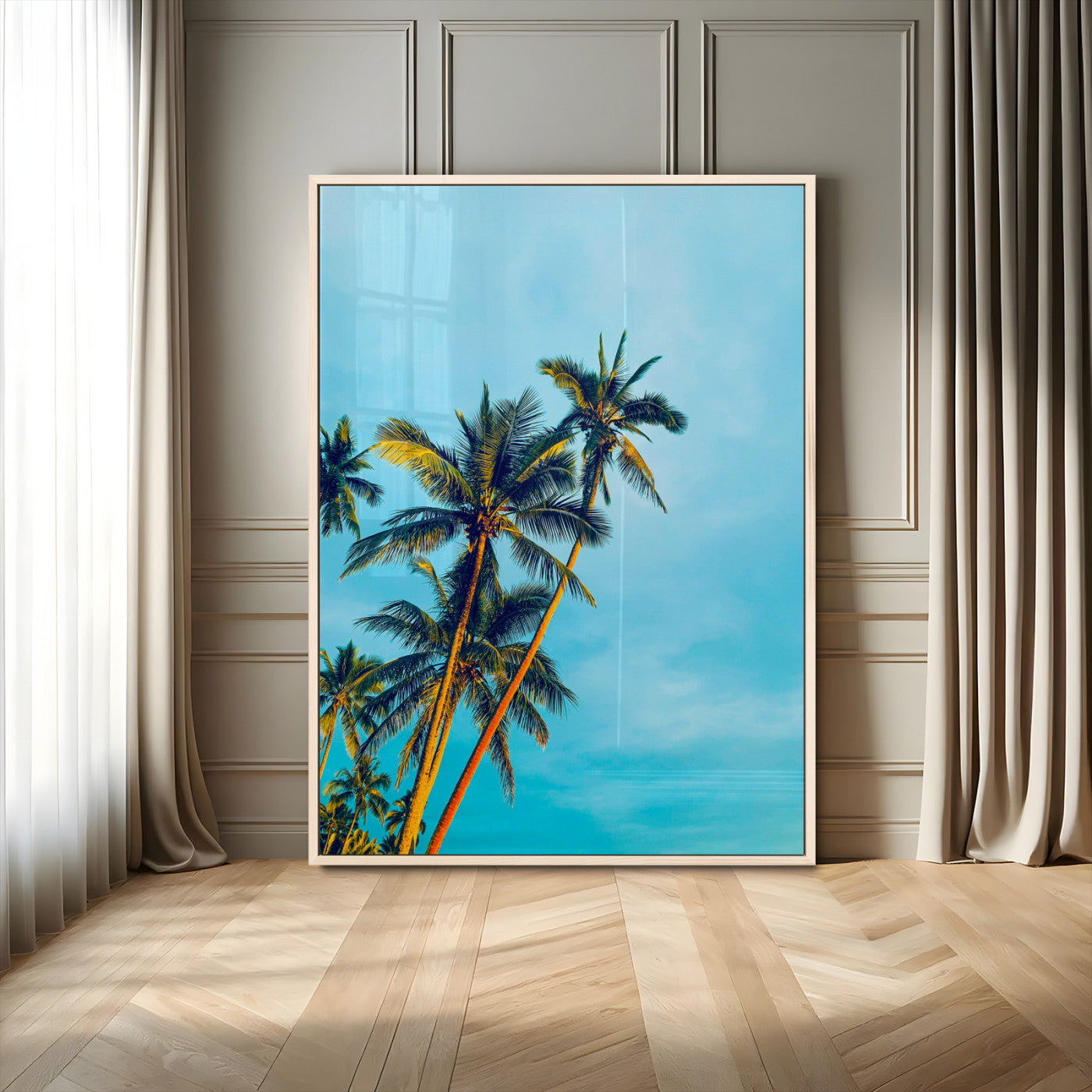 "Tall palm trees with golden sunlight against a vibrant blue sky, creating a tropical, relaxing atmosphere for coastal and beach-themed decor.