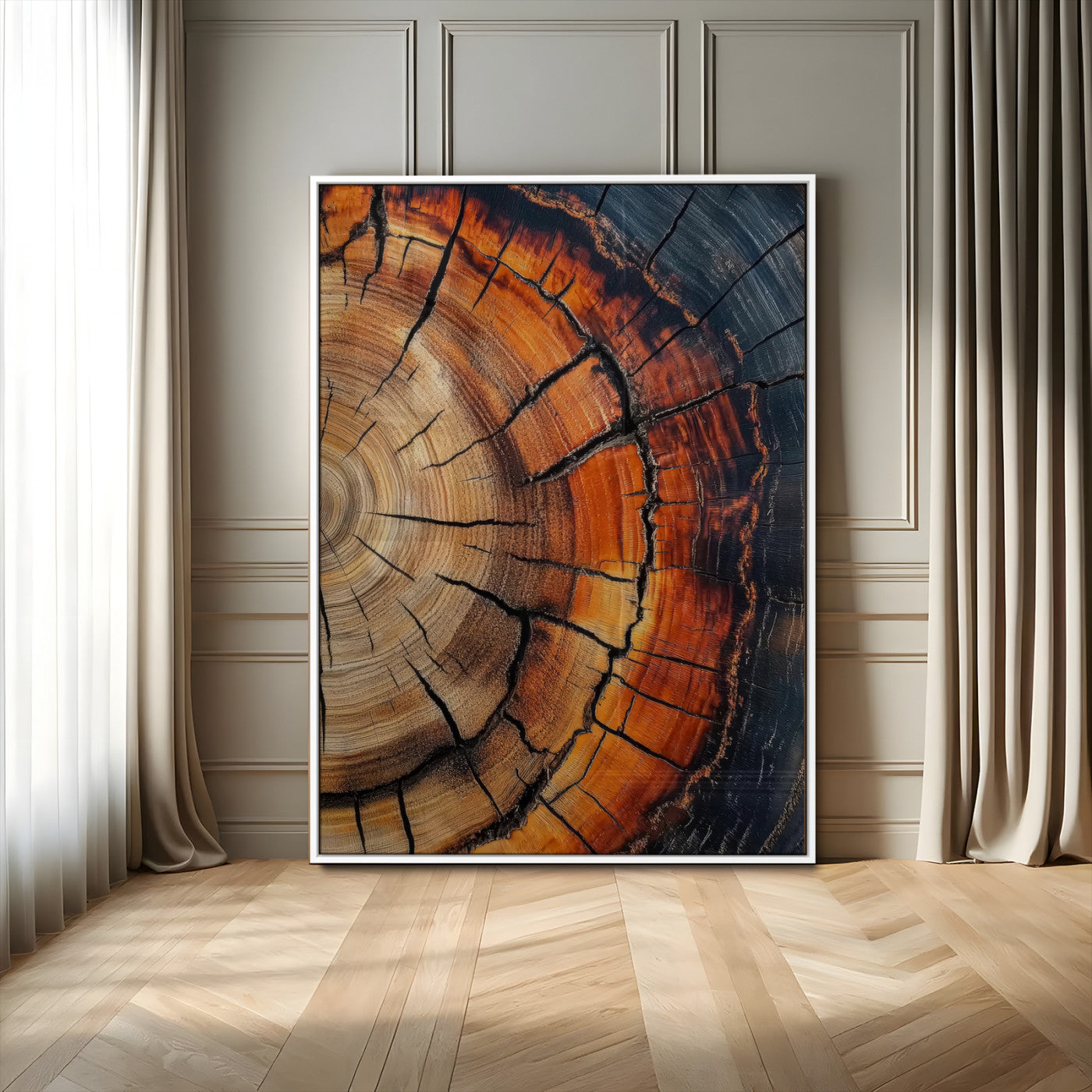 Framed canvas of burnt tree rings with rich wood texture and warm tones, ideal for rustic or earth-inspired interior decor.