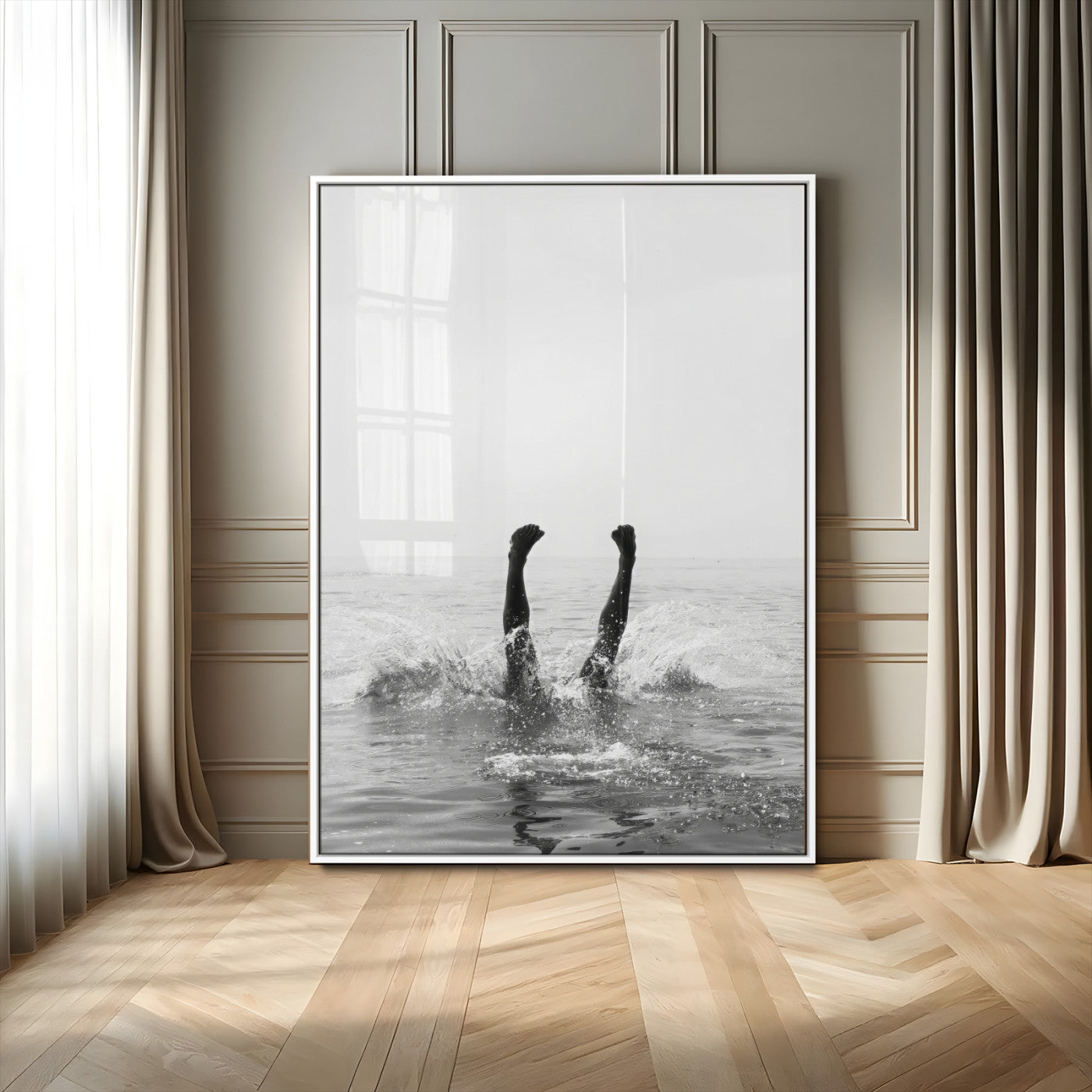 Black and white ocean art featuring a swimmer's legs mid-splash, perfect for minimalist, coastal, or monochrome modern interiors.