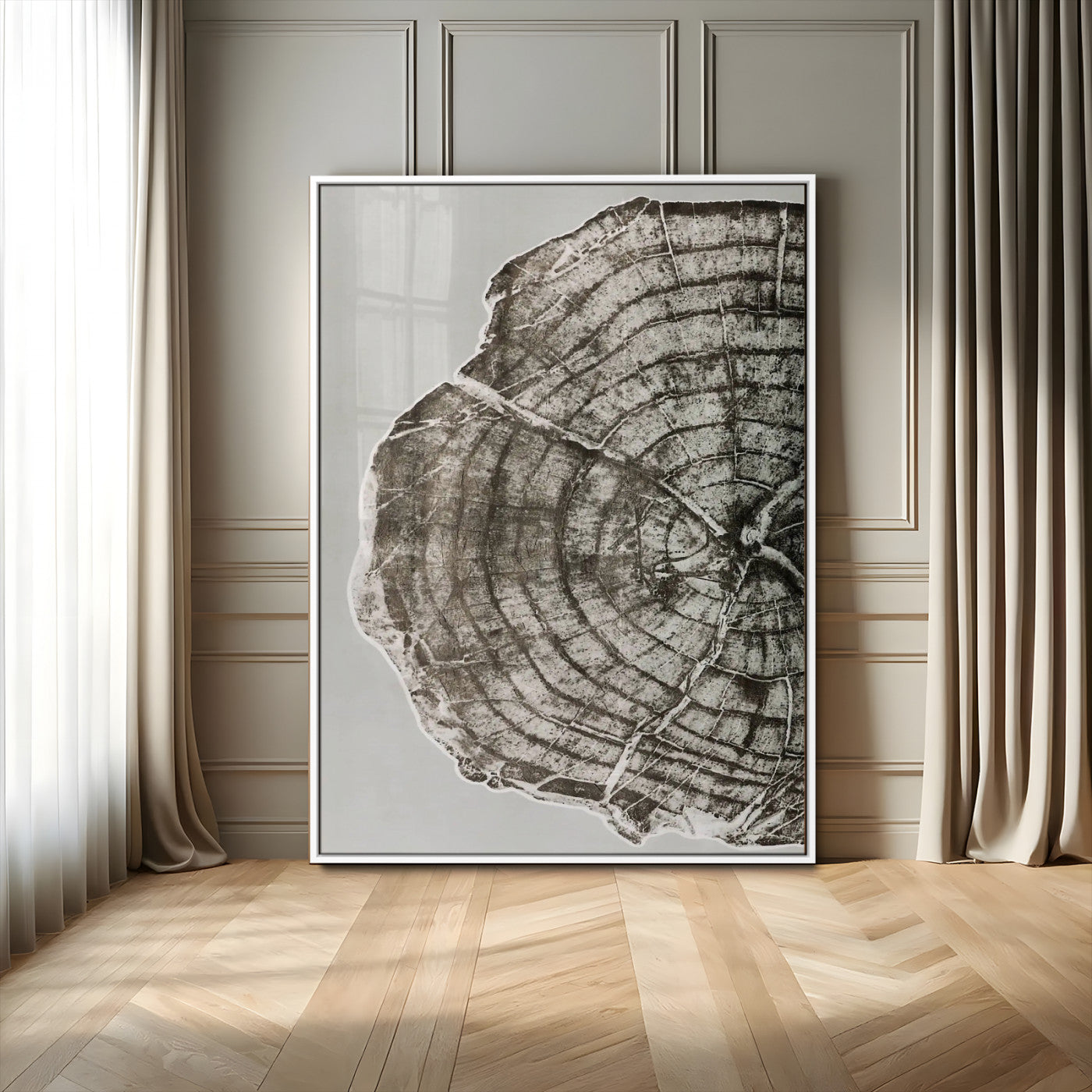 A close-up tree ring cross-section with neutral tones and organic texture, perfect for rustic, modern, or minimalist interior wall decor.
