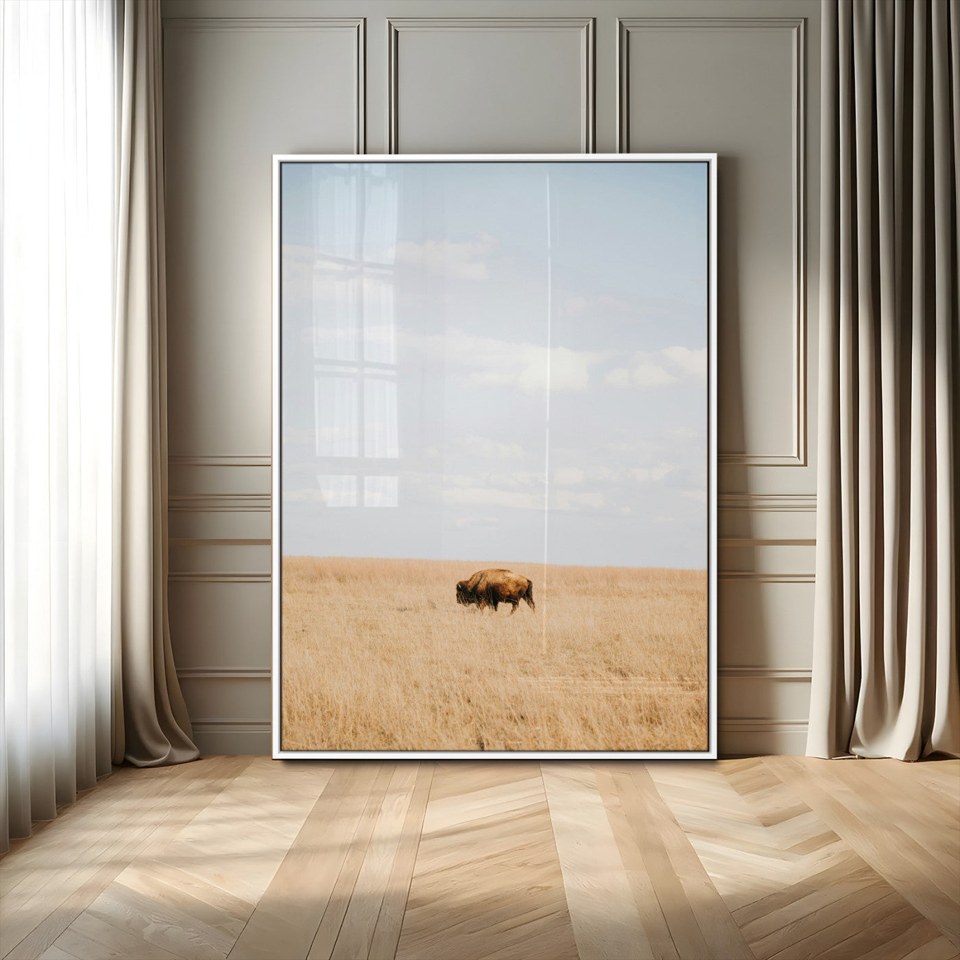 Minimalist Nature Wall Art Canvas Print, Framed Bison In Grassland Art Picture Print, Open Field Perfect Modern Ranch Decor Decor Artwork