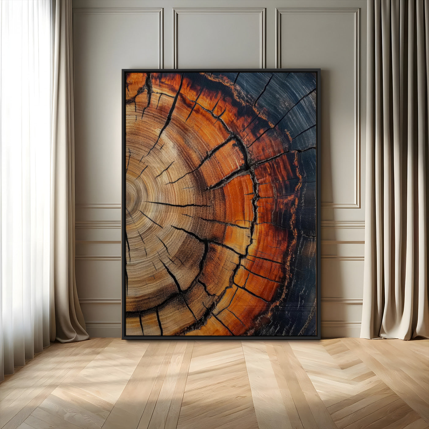 Framed canvas of burnt tree rings with rich wood texture and warm tones, ideal for rustic or earth-inspired interior decor.