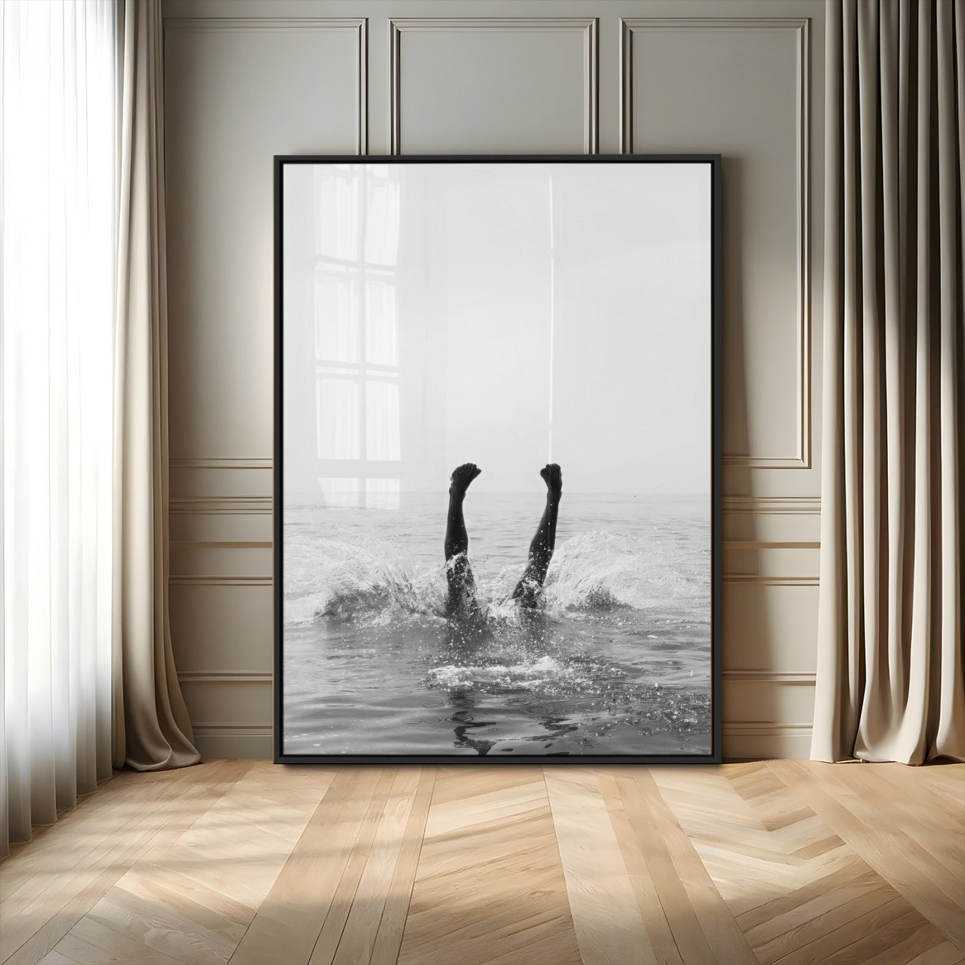 Black and white ocean art featuring a swimmer's legs mid-splash, perfect for minimalist, coastal, or monochrome modern interiors.