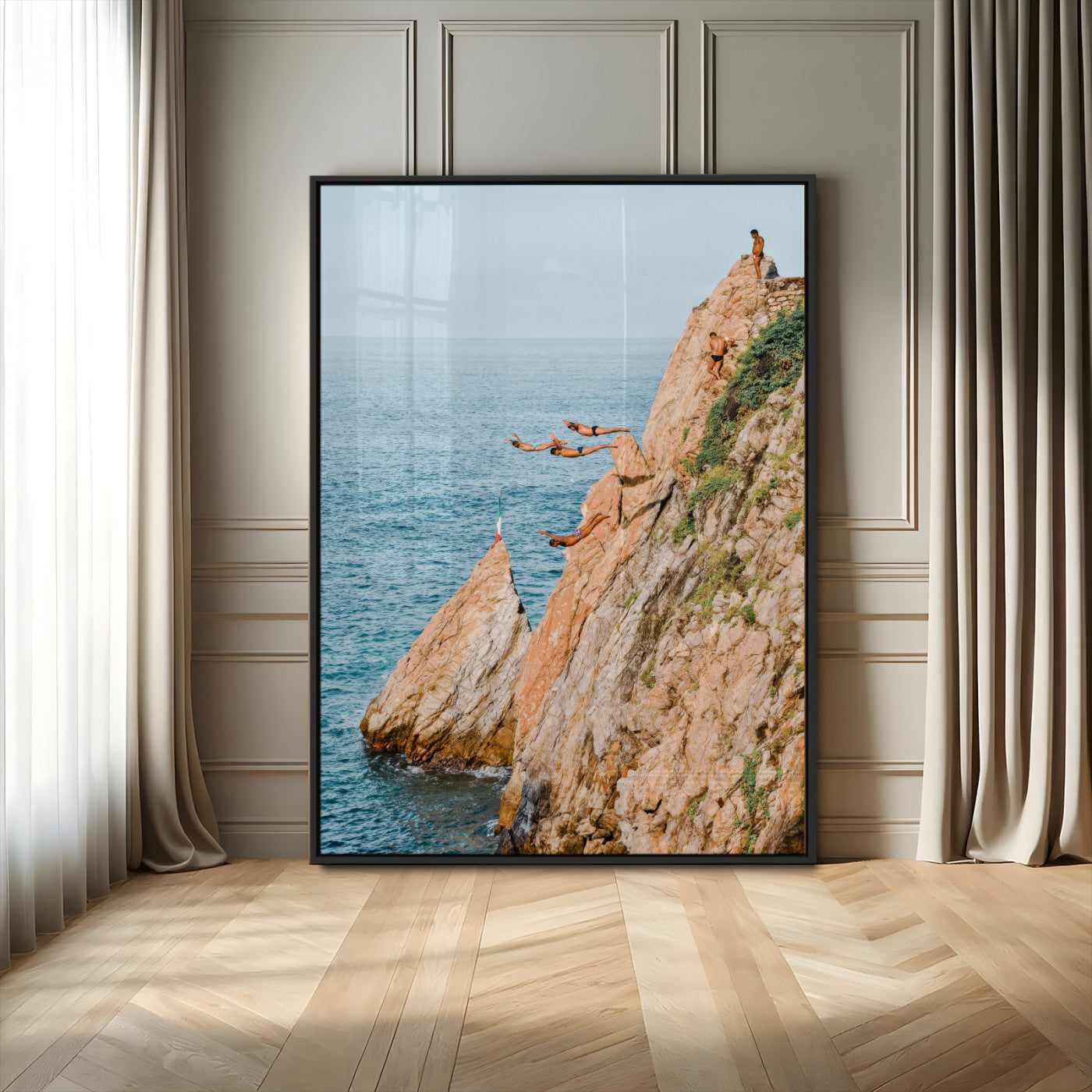Canvas wall art capturing a bold cliff diving sequence into turquoise waters, perfect for vibrant and adventurous coastal or sporty interiors.