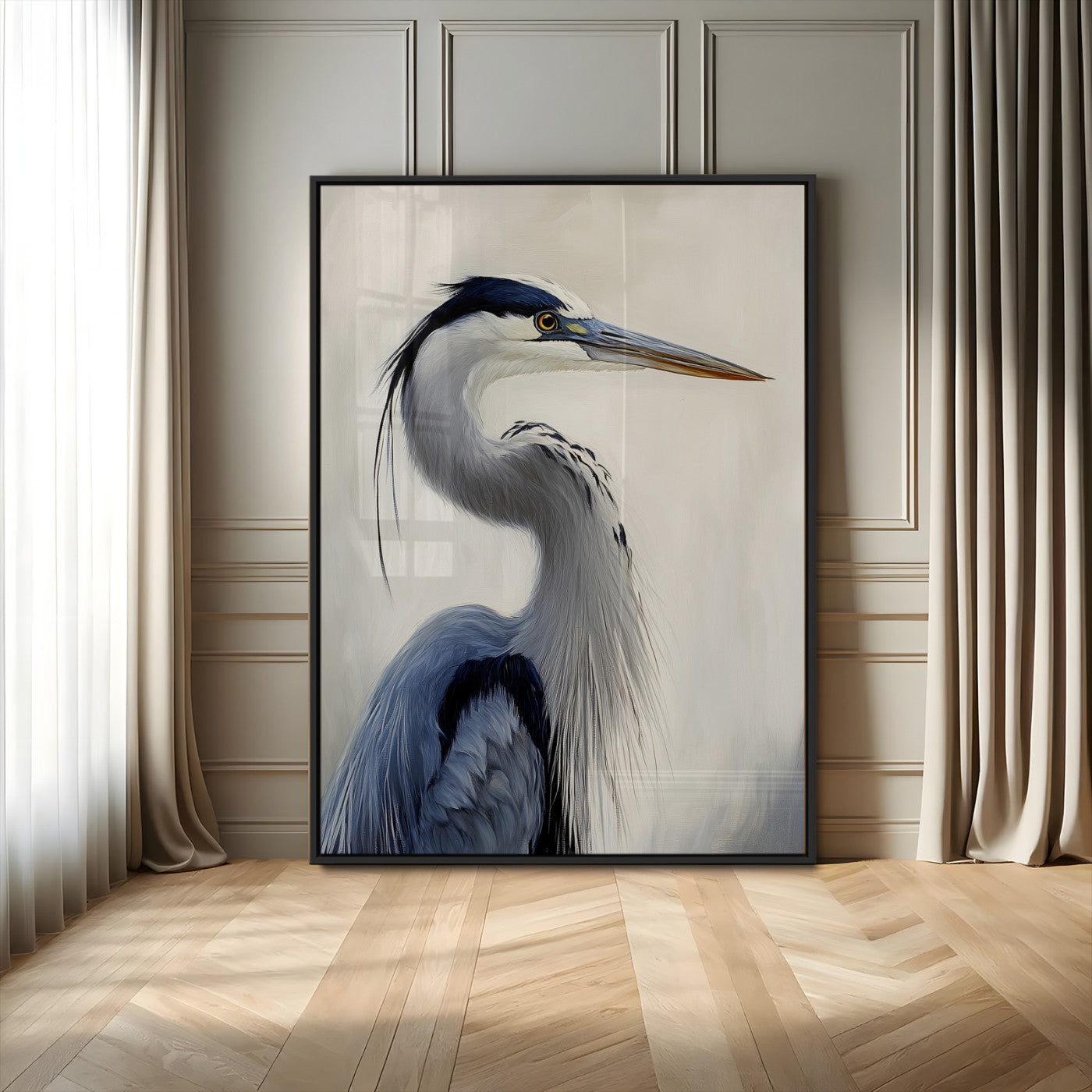 Elegant blue heron in profile with soft brush detail and neutral tones, ideal for nature-themed or coastal minimalist interiors.