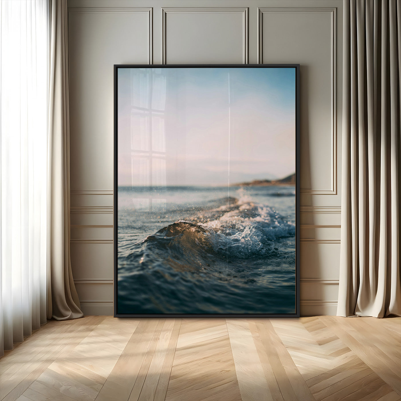 Close-up of ocean waves rolling gently toward the shore at sunset, creating a peaceful and minimalist coastal scene.