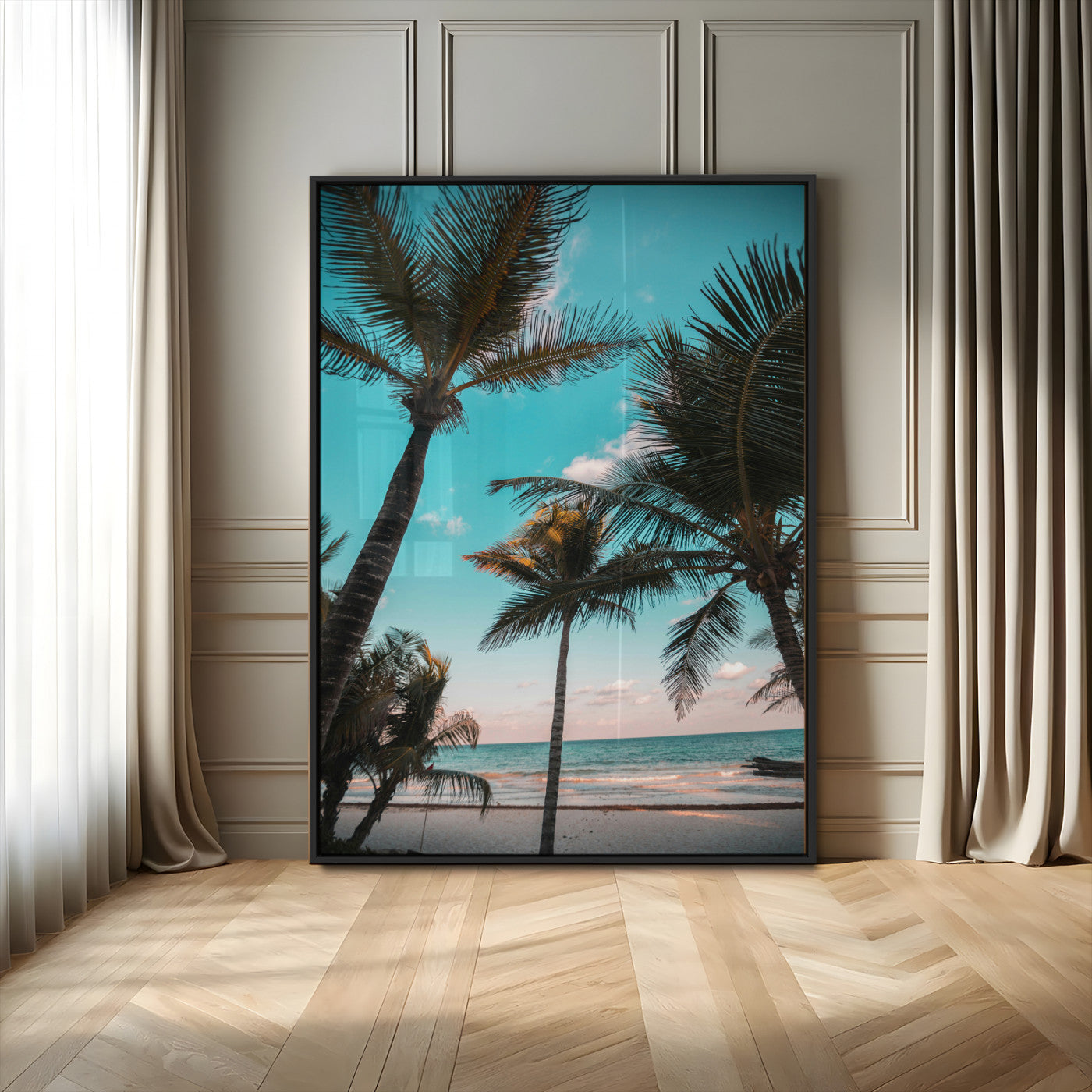 Tall palm trees swaying over a tropical beach with turquoise ocean waves and a soft sunset glow, creating a relaxing coastal vibe.