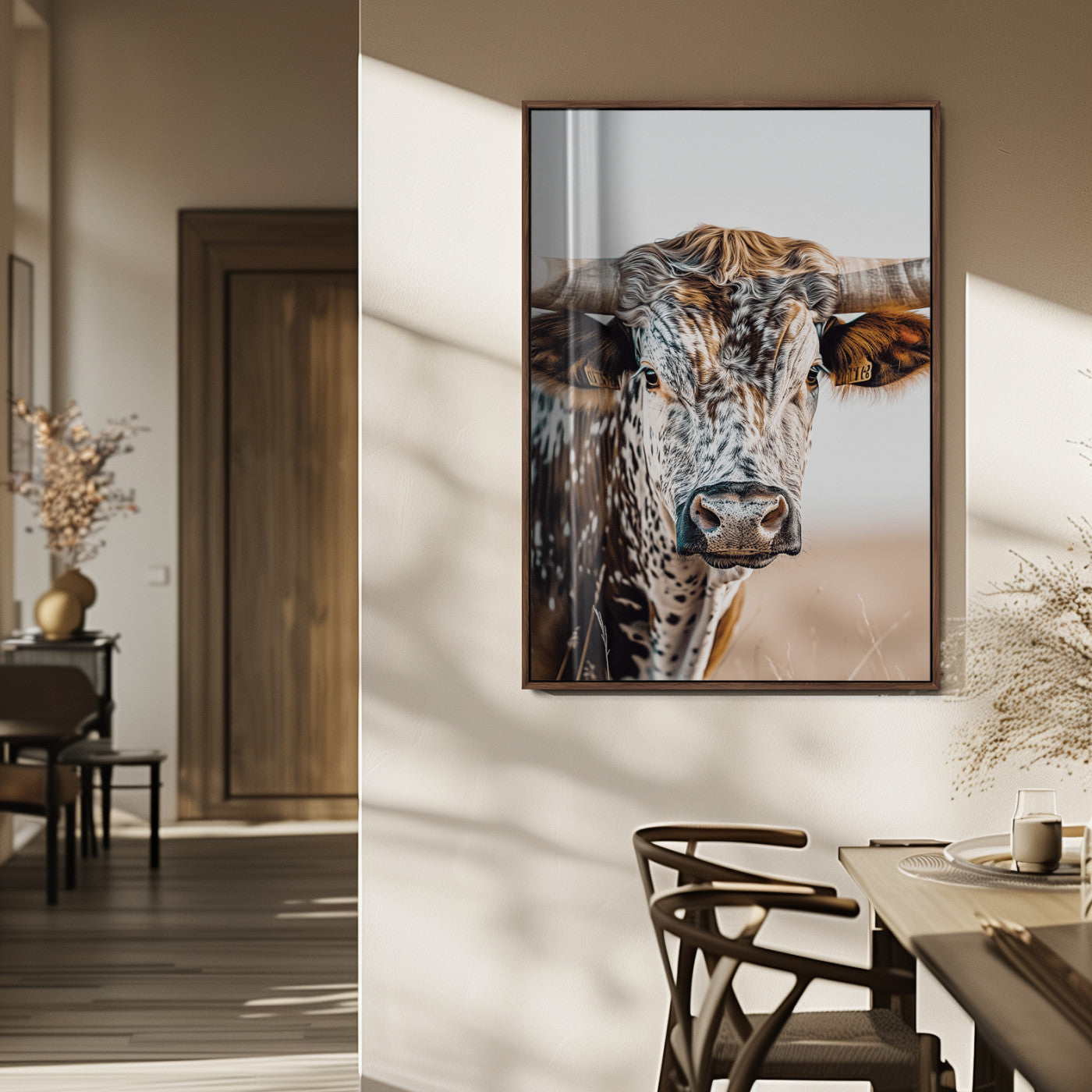 Canvas of a speckled Texas longhorn with wide curved horns and warm tones, perfect for rustic or country-style wall decor.