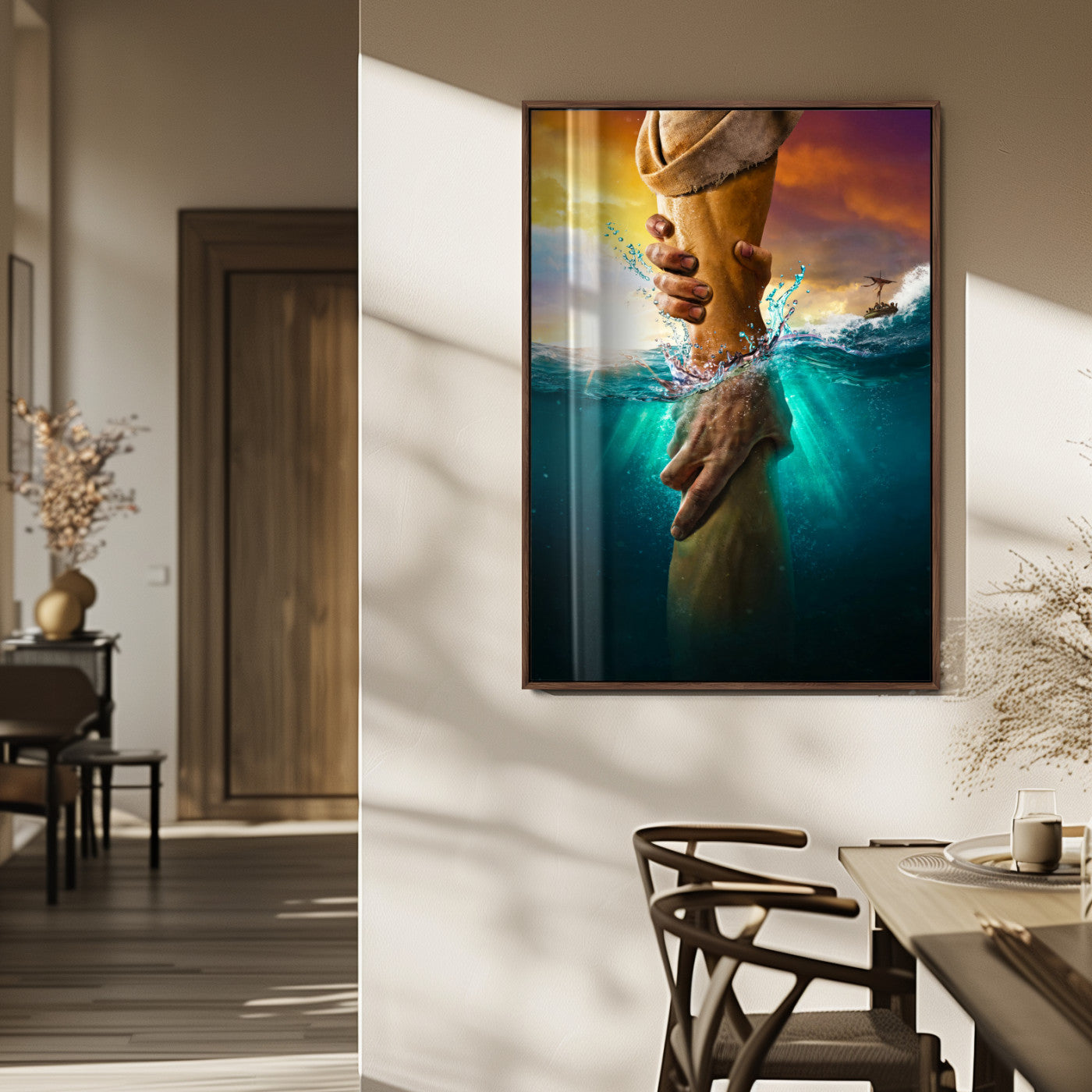 A dramatic scene of a hand reaching underwater and being lifted, symbolizing rescue and faith, ideal for spiritual or Christian wall decor.