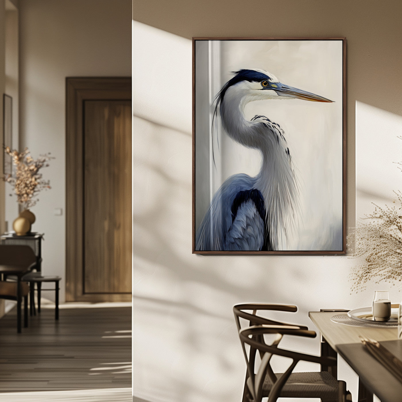 Elegant blue heron in profile with soft brush detail and neutral tones, ideal for nature-themed or coastal minimalist interiors.
