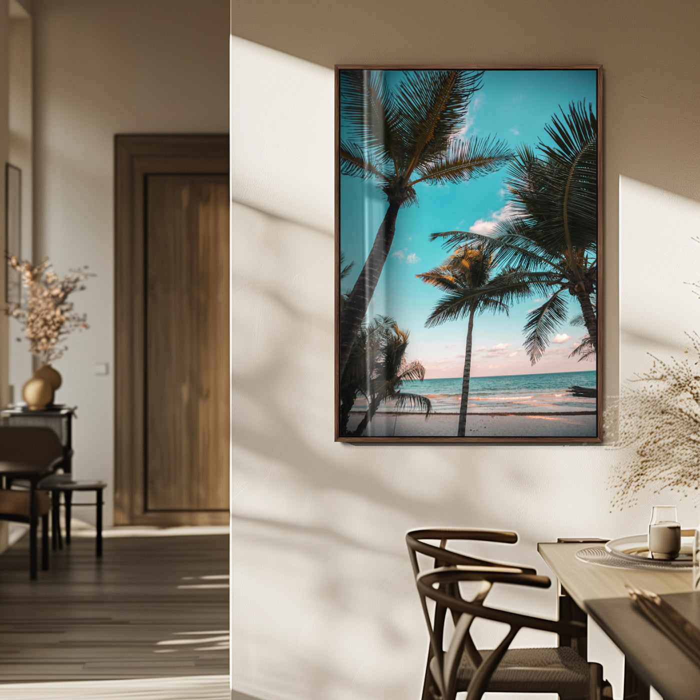 Tall palm trees swaying over a tropical beach with turquoise ocean waves and a soft sunset glow, creating a relaxing coastal vibe.