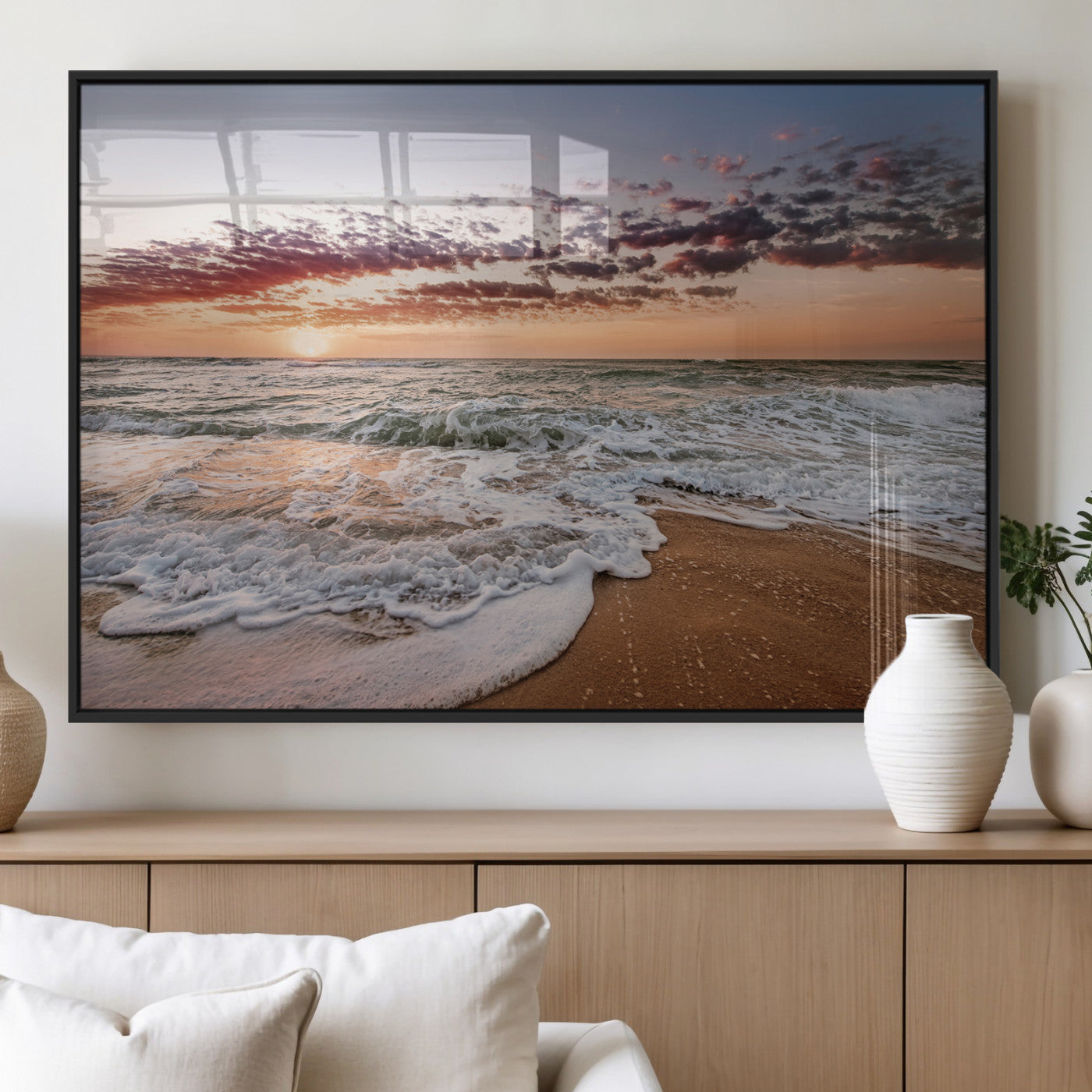 Canvas of a sunset over a foamy ocean shore with warm light and gentle waves, ideal for coastal or beach-themed home decor.