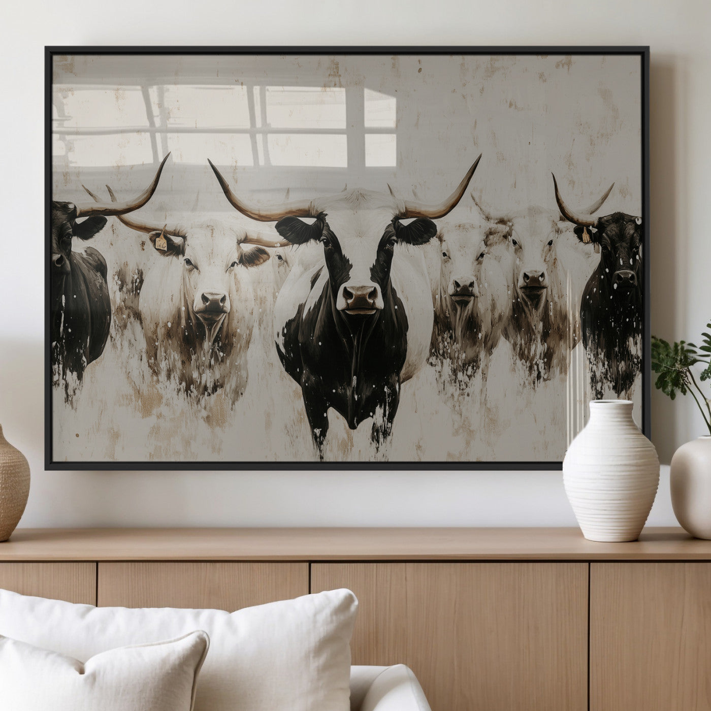 Illustrated herd of longhorn cattle in black and white tones with a neutral textured background, perfect for rustic or farmhouse-style decor.
