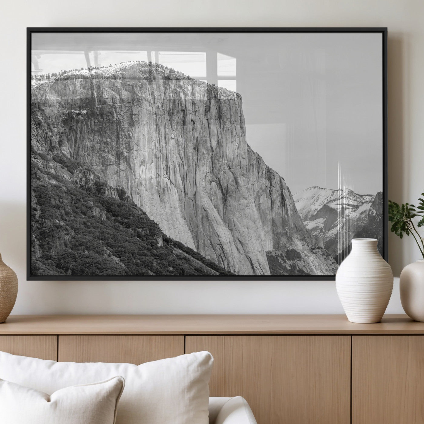 Monochrome canvas of El Capitan’s granite wall in Yosemite with snowy peaks, ideal for dramatic mountain or black-and-white nature decor.