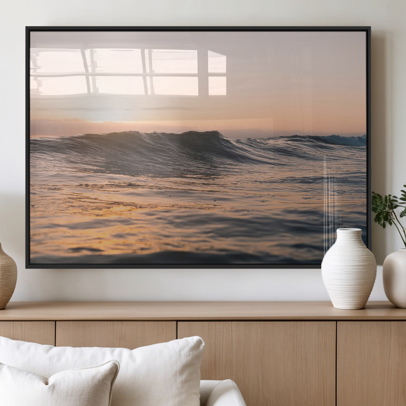 Framed canvas of ocean waves glowing in sunset light, ideal for golden hour calm or peaceful coastal-inspired wall decor.