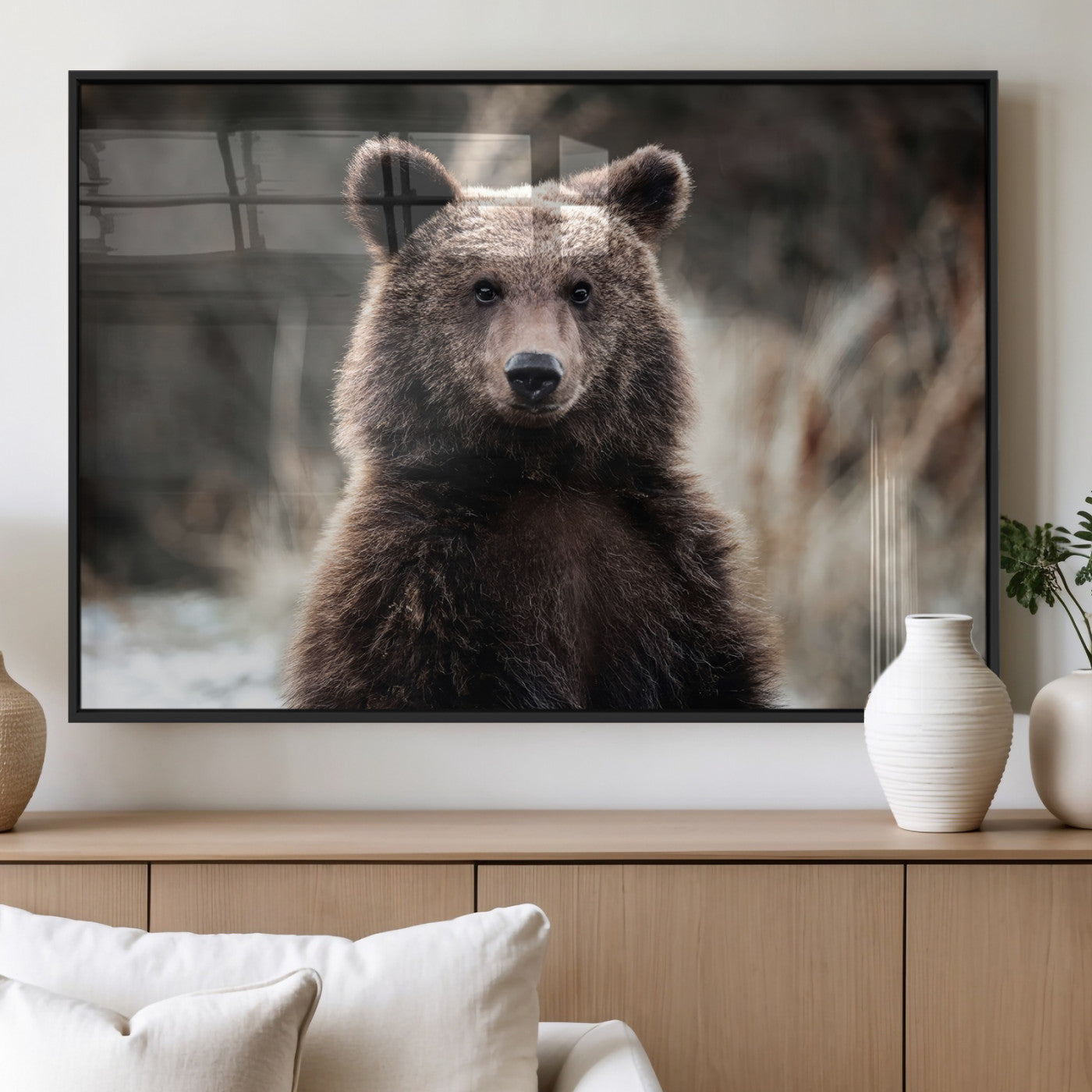 Canvas of a brown bear in soft earthy tones and moody forest light, ideal for rustic cabin or woodland nature-themed home decor.