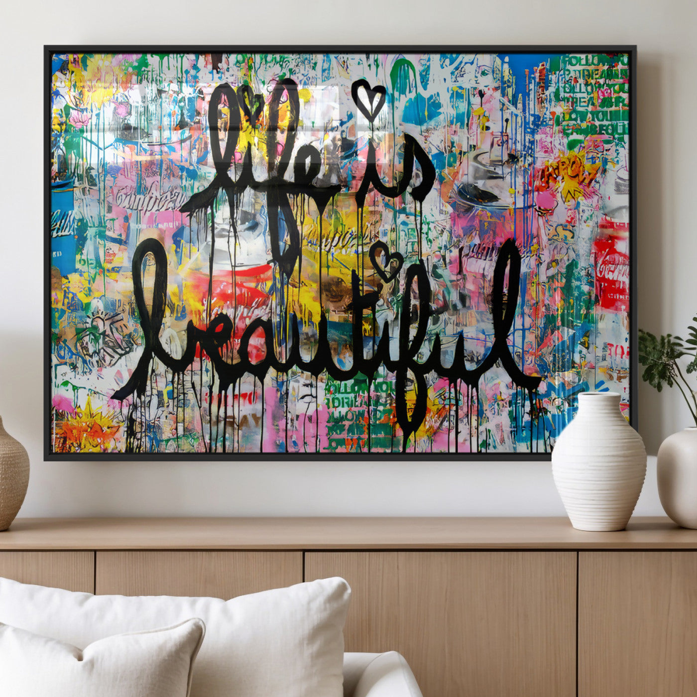 Colorful urban-style canvas with graffiti text “Life is Beautiful” in black paint, ideal for bold or street-themed home decor.