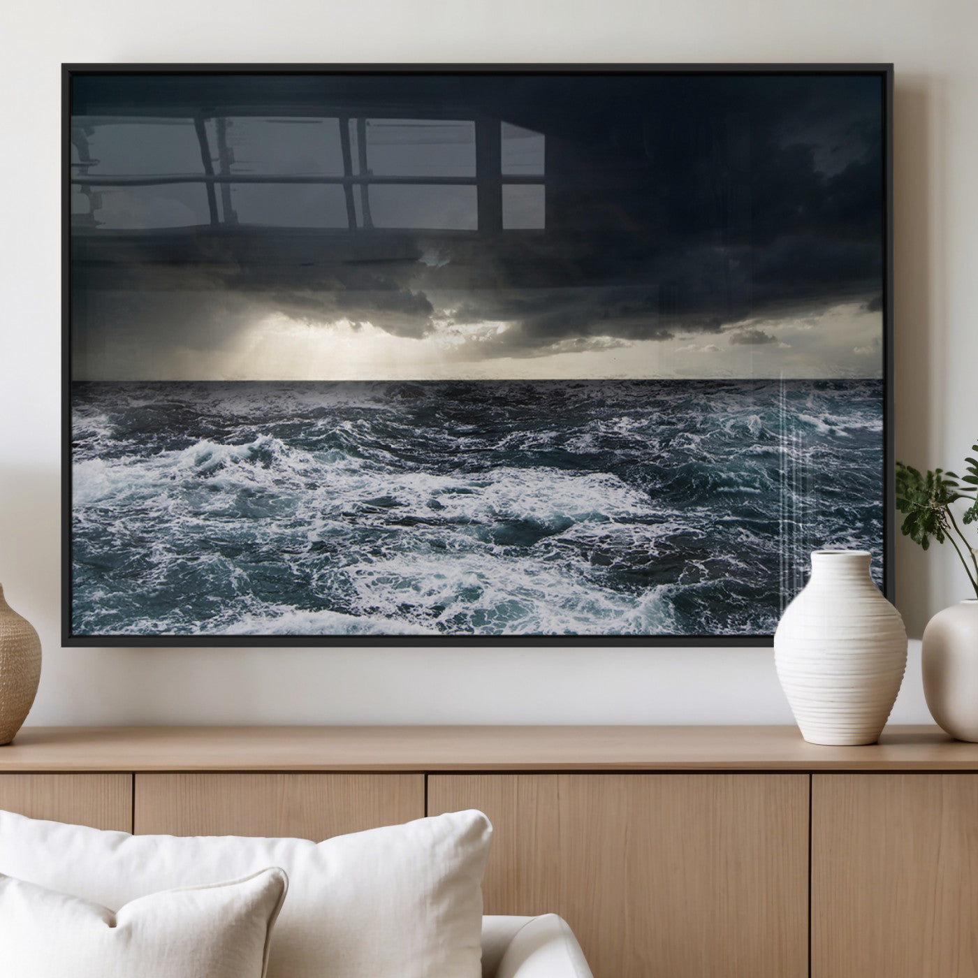 Moody ocean scene with stormy skies and crashing waves, perfect for dramatic or coastal-style home wall decor.