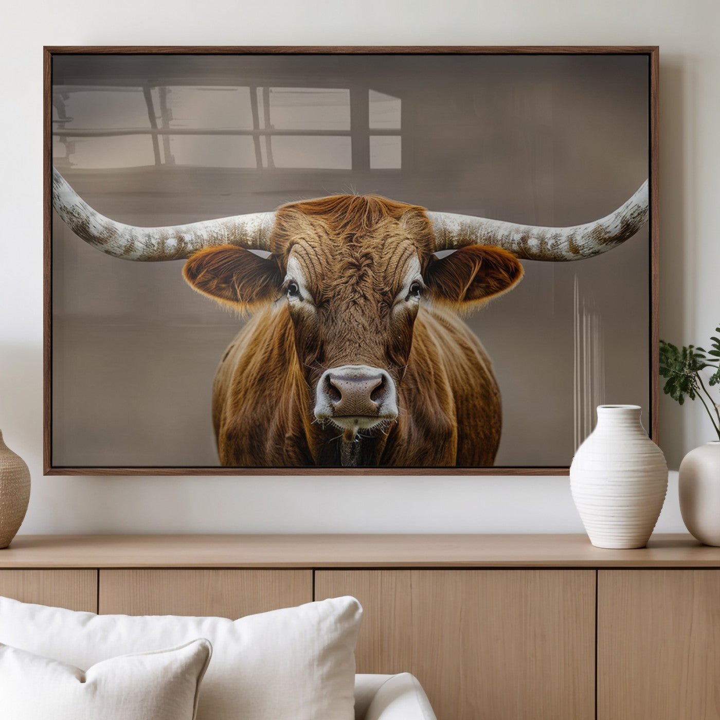 Close-up of a Texas Longhorn with strong curved horns and warm brown tones, perfect for rustic or western-style wall decor.