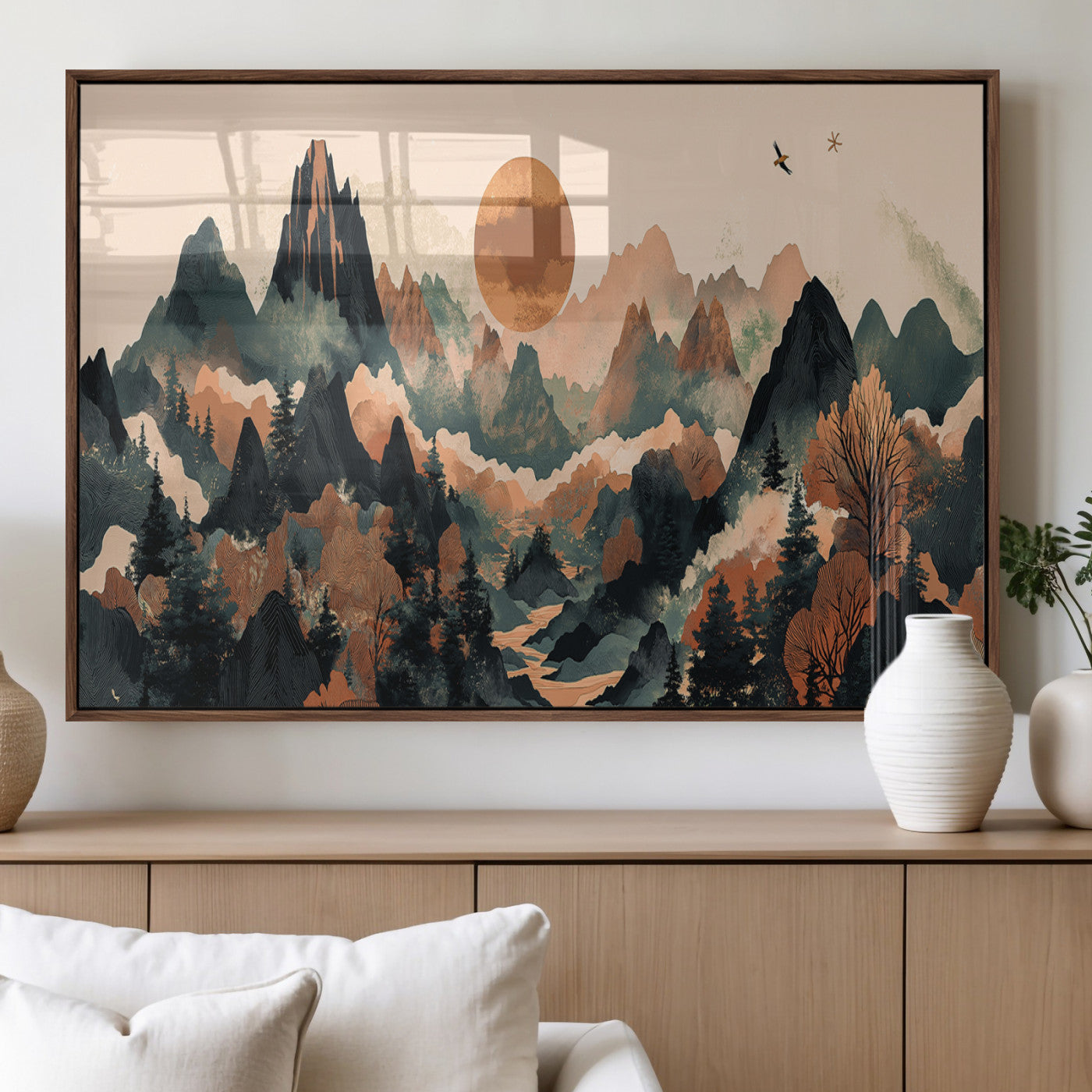 Mountain Landscape Wall Art Print - Sunset Hills Canvas Print, featuring an abstract nature scene with earthy tones and misty peaks, perfect for boho and modern decor.