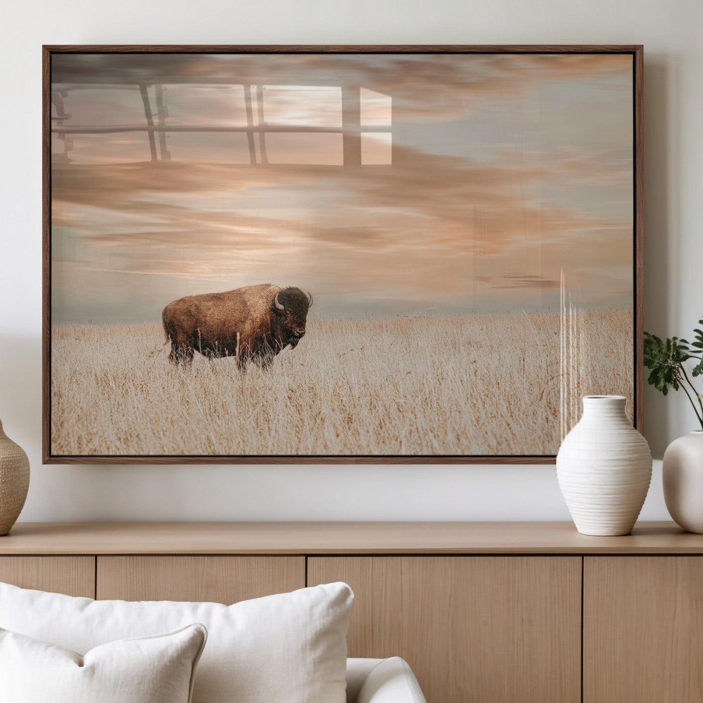 Bison Wall Art Print - Buffalo Canvas Print, featuring a lone bison in a golden prairie under a warm sunset sky, perfect for rustic and farmhouse decor.