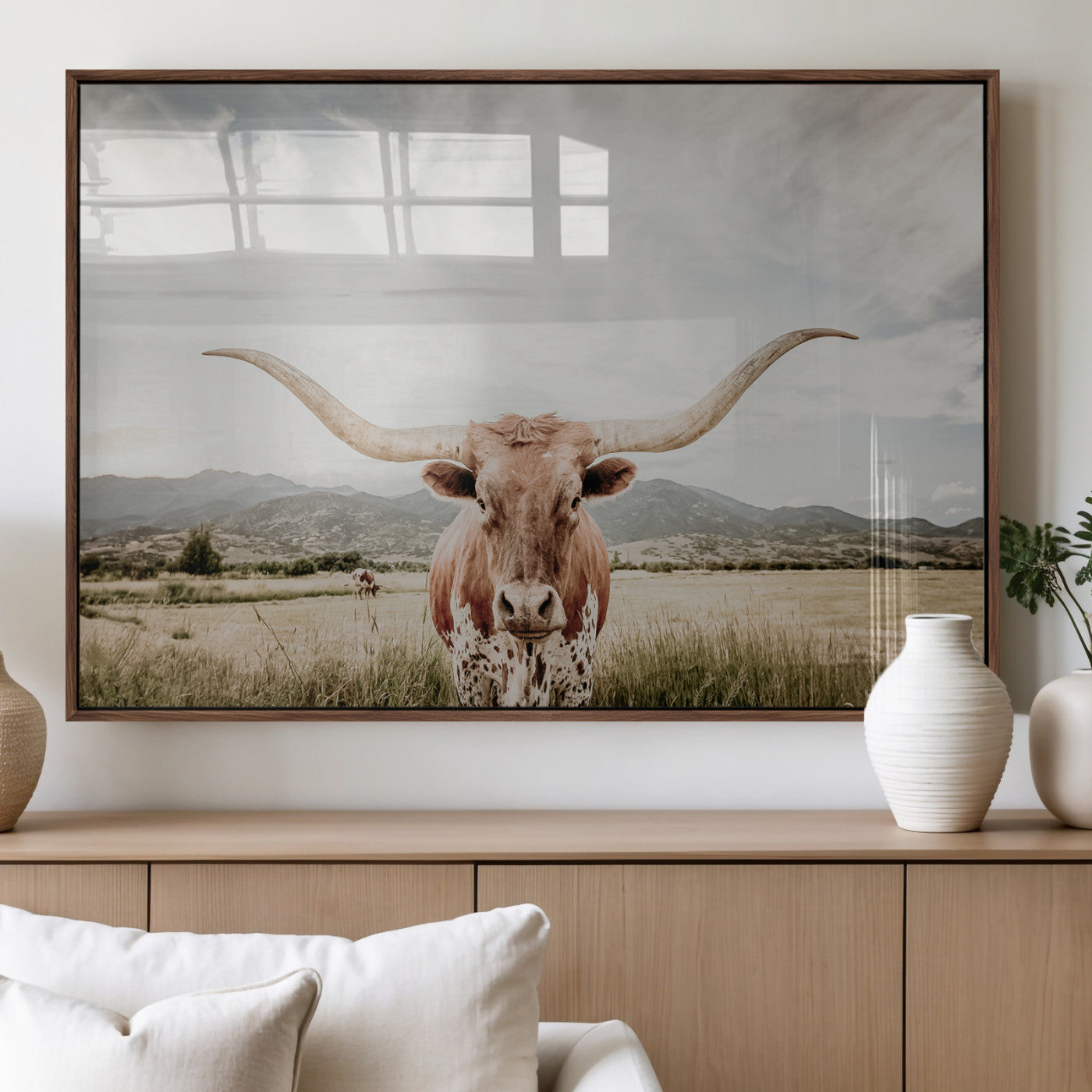 Longhorn Wall Art Print - Western Cow Canvas Print, featuring a majestic Texas longhorn in a rustic prairie setting, perfect for farmhouse and western decor.
