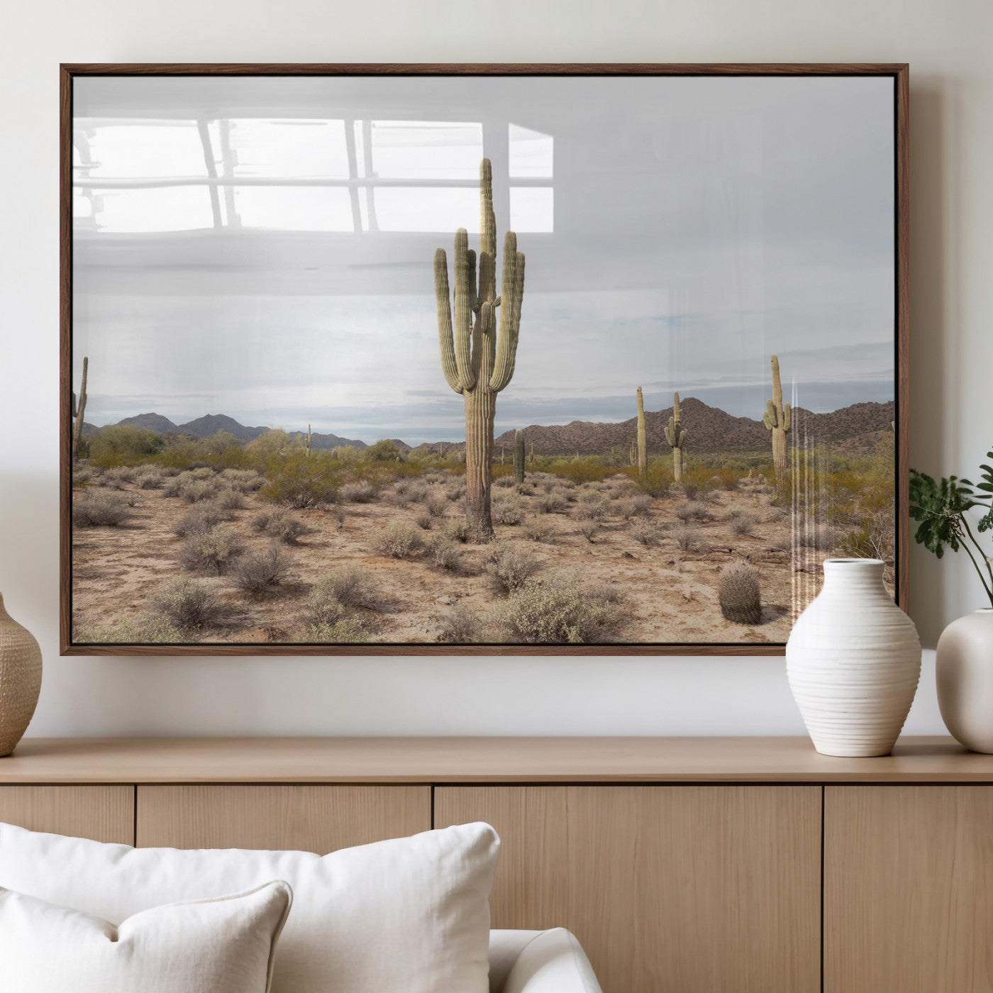 Canvas of a saguaro cactus in an earthy Sonoran desert landscape, ideal for Southwestern Boho or desert minimalism inspired home decor. 2/2