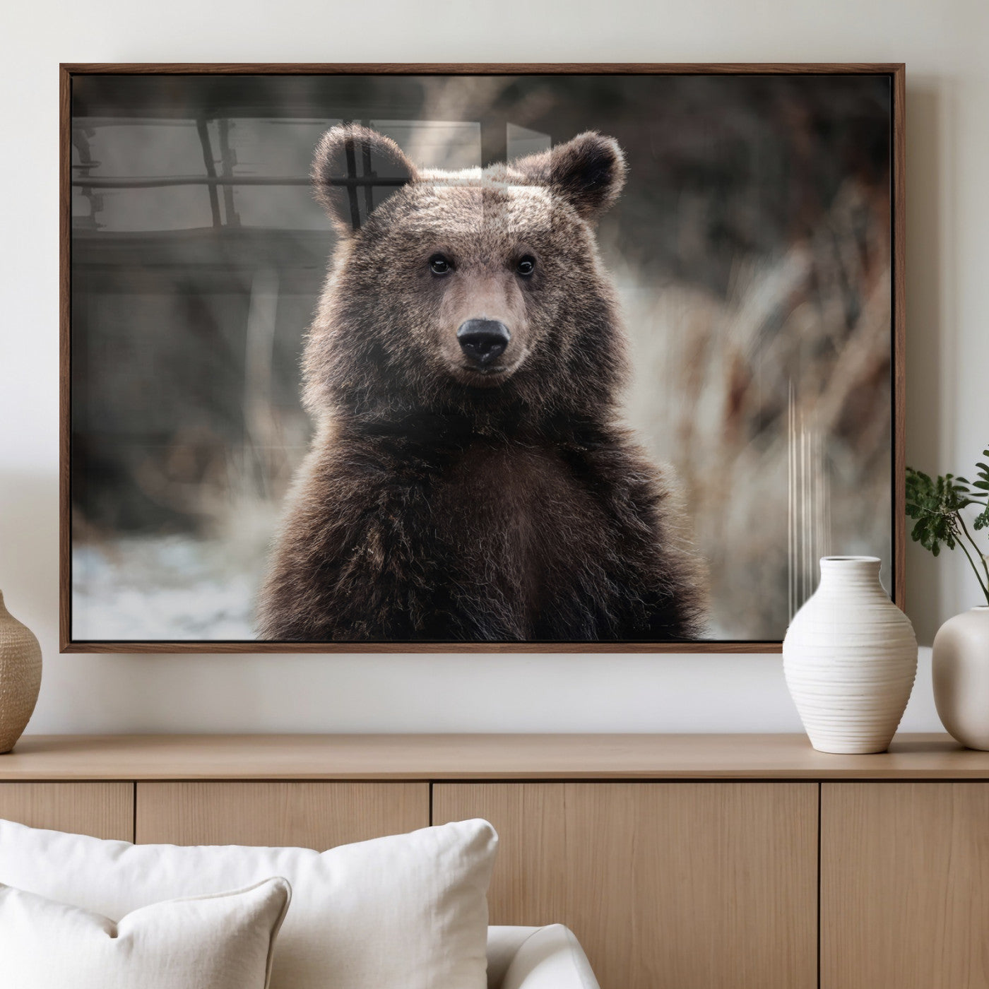 Canvas of a brown bear in soft earthy tones and moody forest light, ideal for rustic cabin or woodland nature-themed home decor.