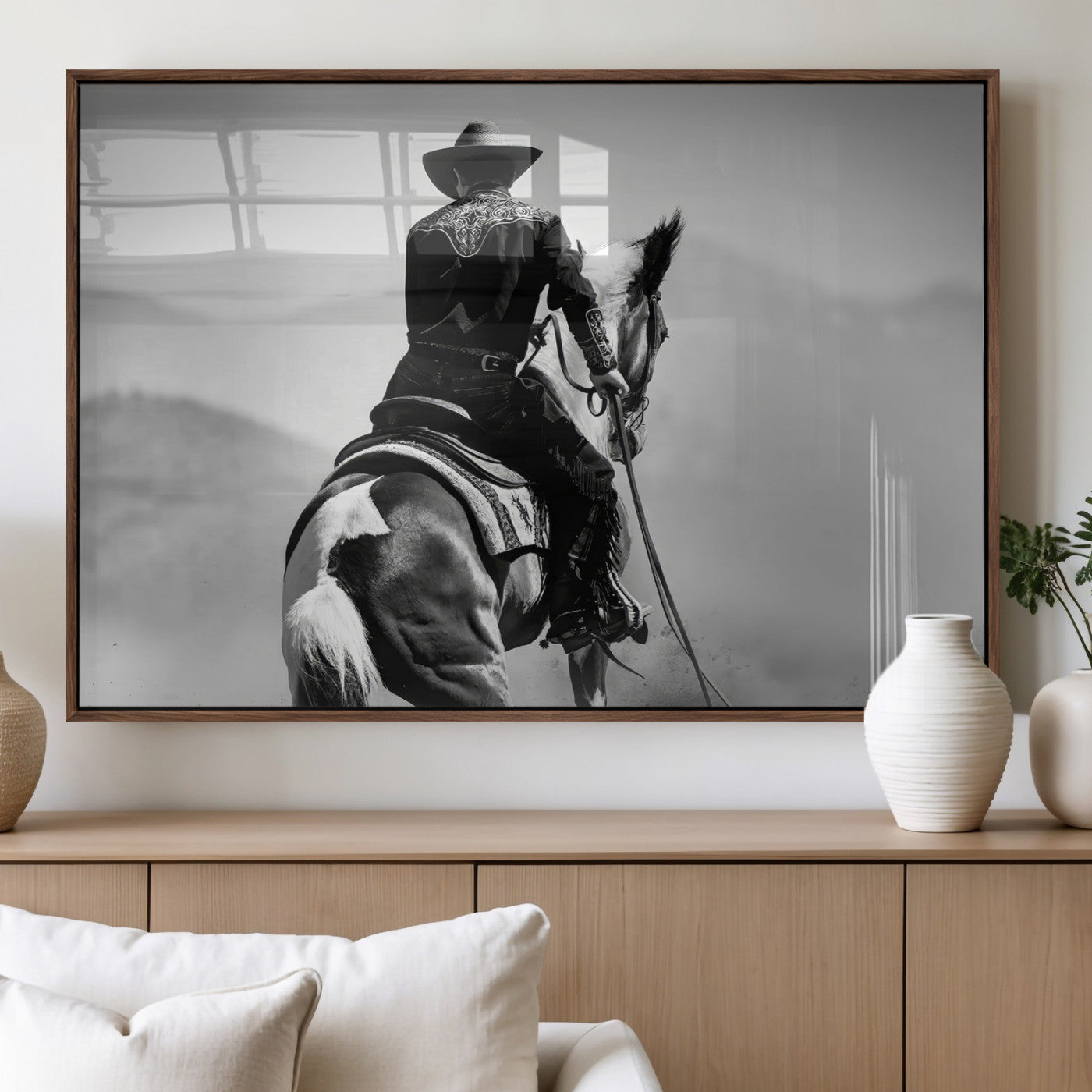 Black and white canvas of a cowboy on horseback with moody tones, perfect for rustic western or country-inspired home decor.
