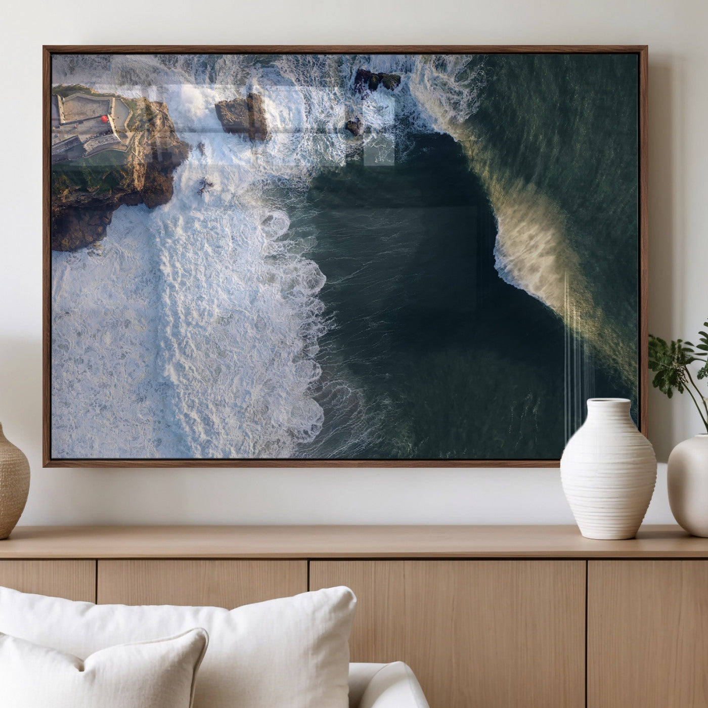 Canvas showing an aerial view of crashing waves along the Nazaré coastline, perfect for dramatic coastal or ocean-themed home decor.