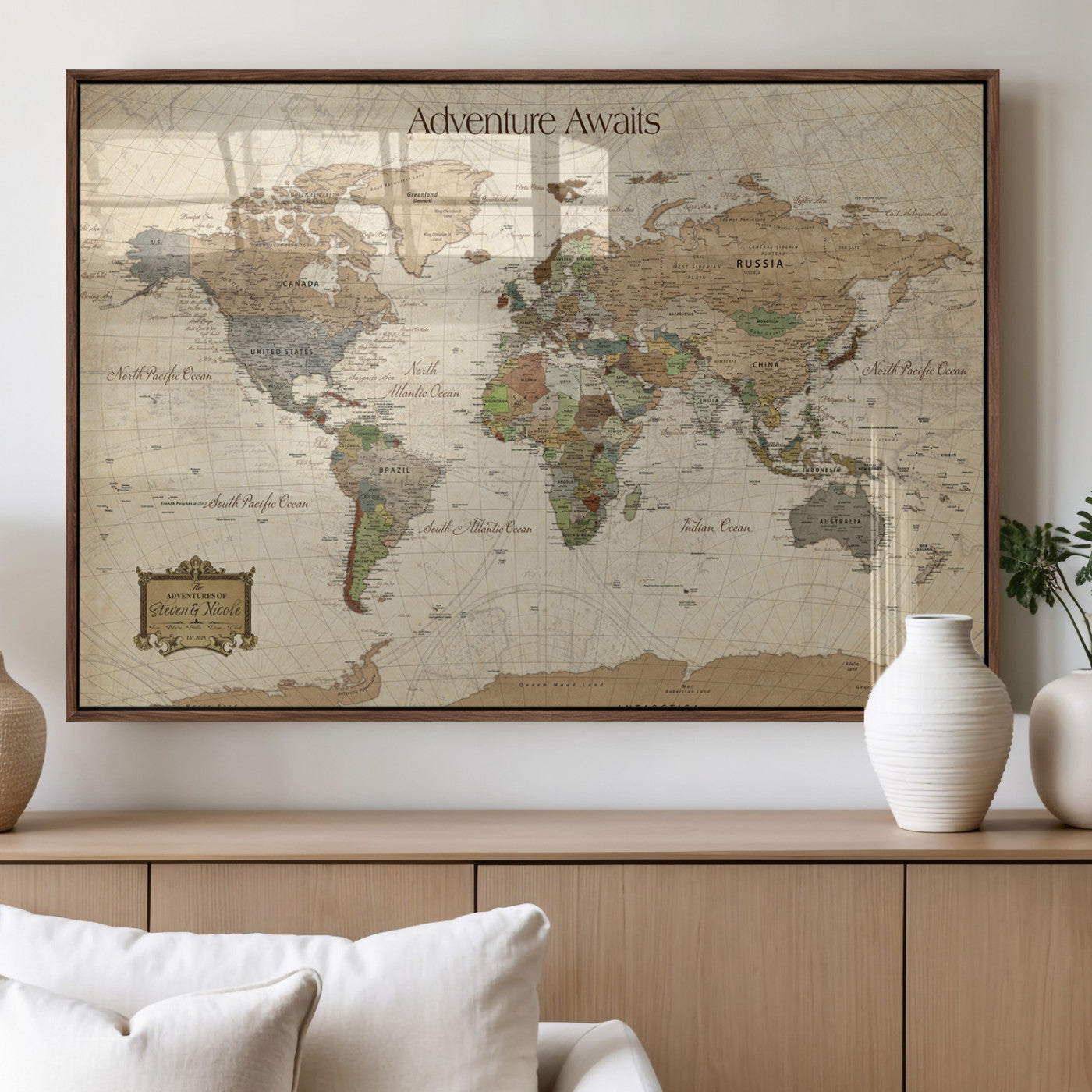Custom Push Pin World Map Wall Canvas Print – Personalized Travel Tracker with Pins – Framed Custom Quotie Canvas for Home Office Decor