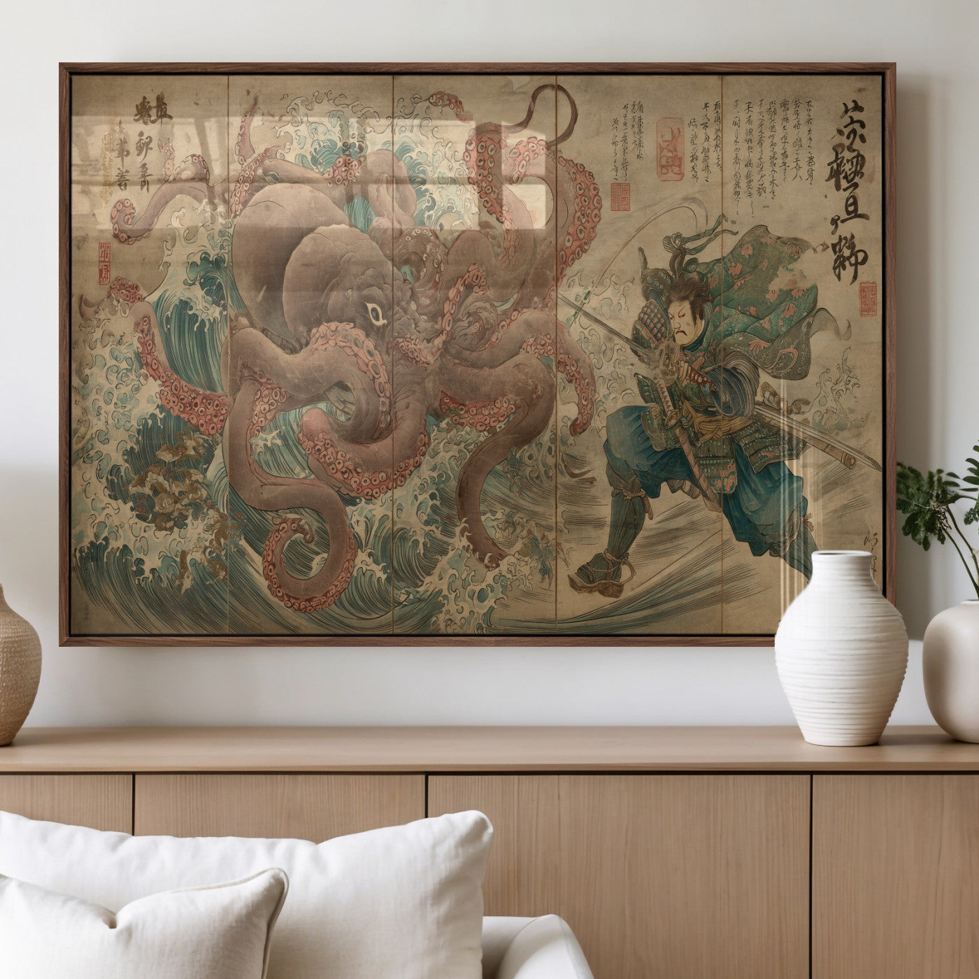 Tsukioka Yoshitoshi Samurai Wall Art Print, Japanese Katana Warrior Canvas Wall Art, Octopus Sea Monster Canvas Print,