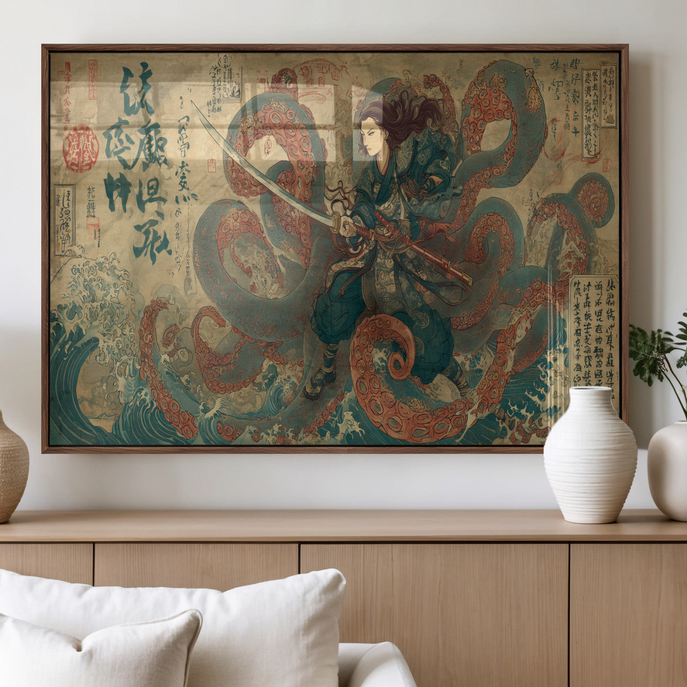 Tsukioka Yoshitoshi Samurai Wall Art Print, Japanese Katana Warrior Canvas Wall Art, Octopus Sea Monster Canvas Print,