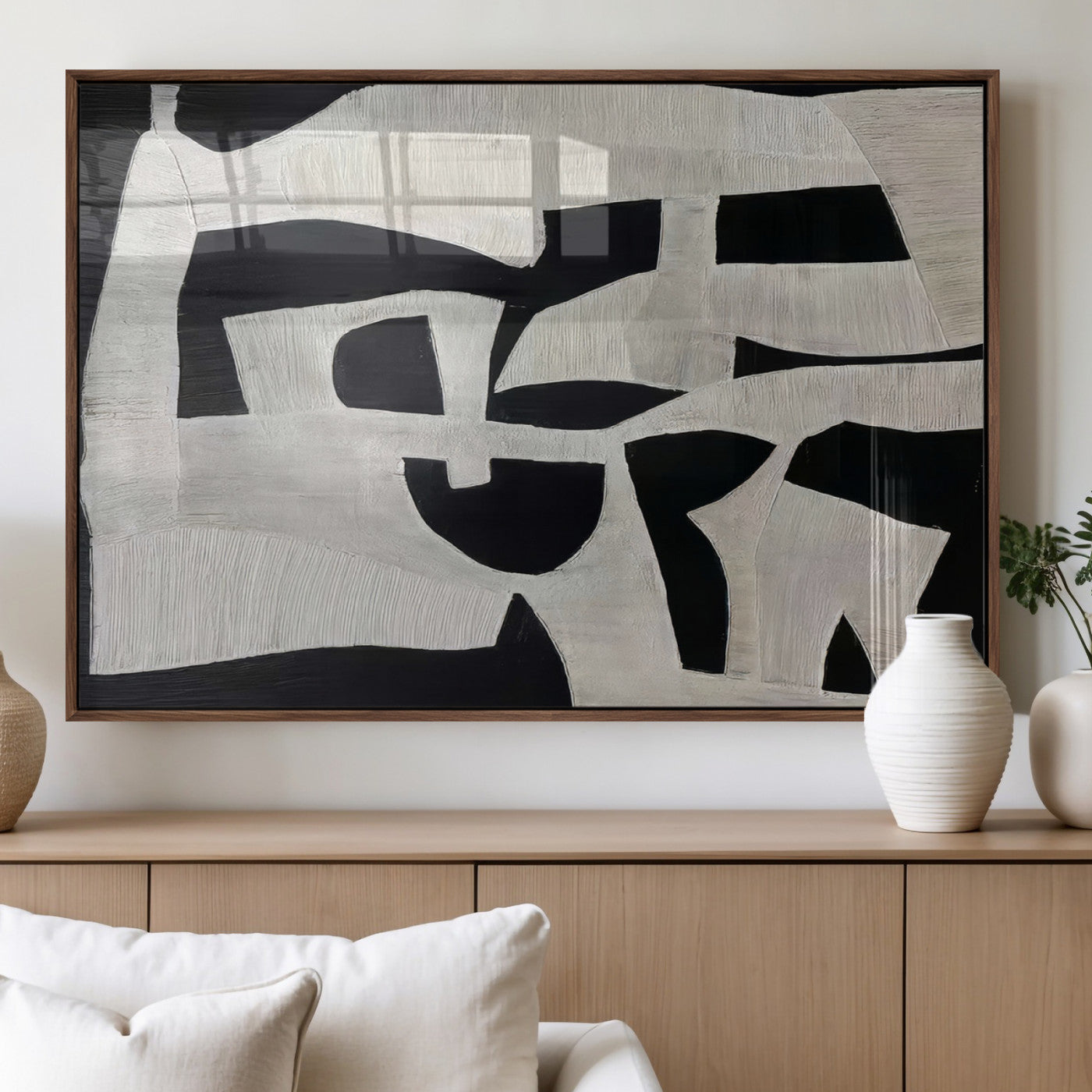 Minimalist black and white canvas featuring bold abstract textures and geometric shapes, ideal for modern neutral decor.