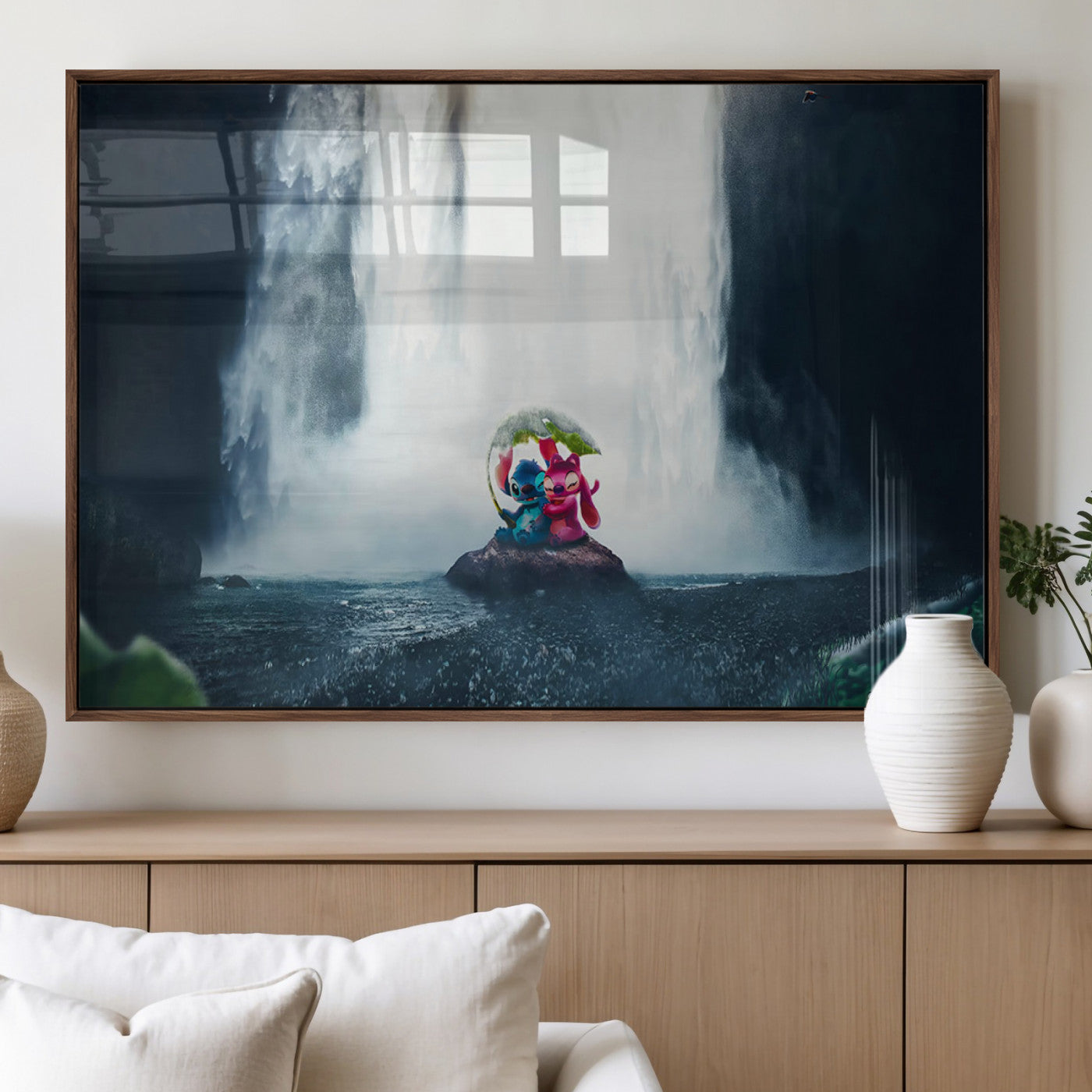 Fantasy canvas of Stitch and Angel under a leaf umbrella in front of a dramatic waterfall, perfect for moody jungle-themed or animated decor.