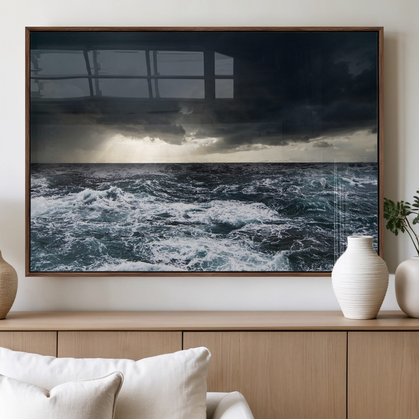 Moody ocean scene with stormy skies and crashing waves, perfect for dramatic or coastal-style home wall decor.