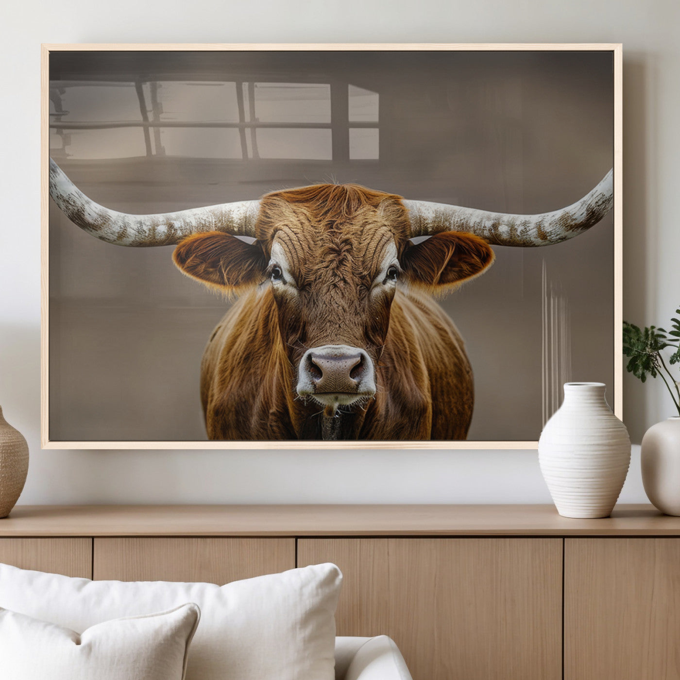 Close-up of a Texas Longhorn with strong curved horns and warm brown tones, perfect for rustic or western-style wall decor.