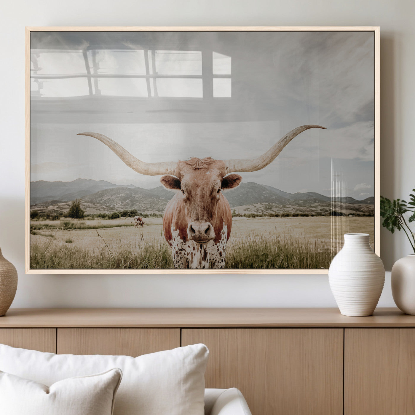 Longhorn Wall Art Print - Western Cow Canvas Print, featuring a majestic Texas longhorn in a rustic prairie setting, perfect for farmhouse and western decor.