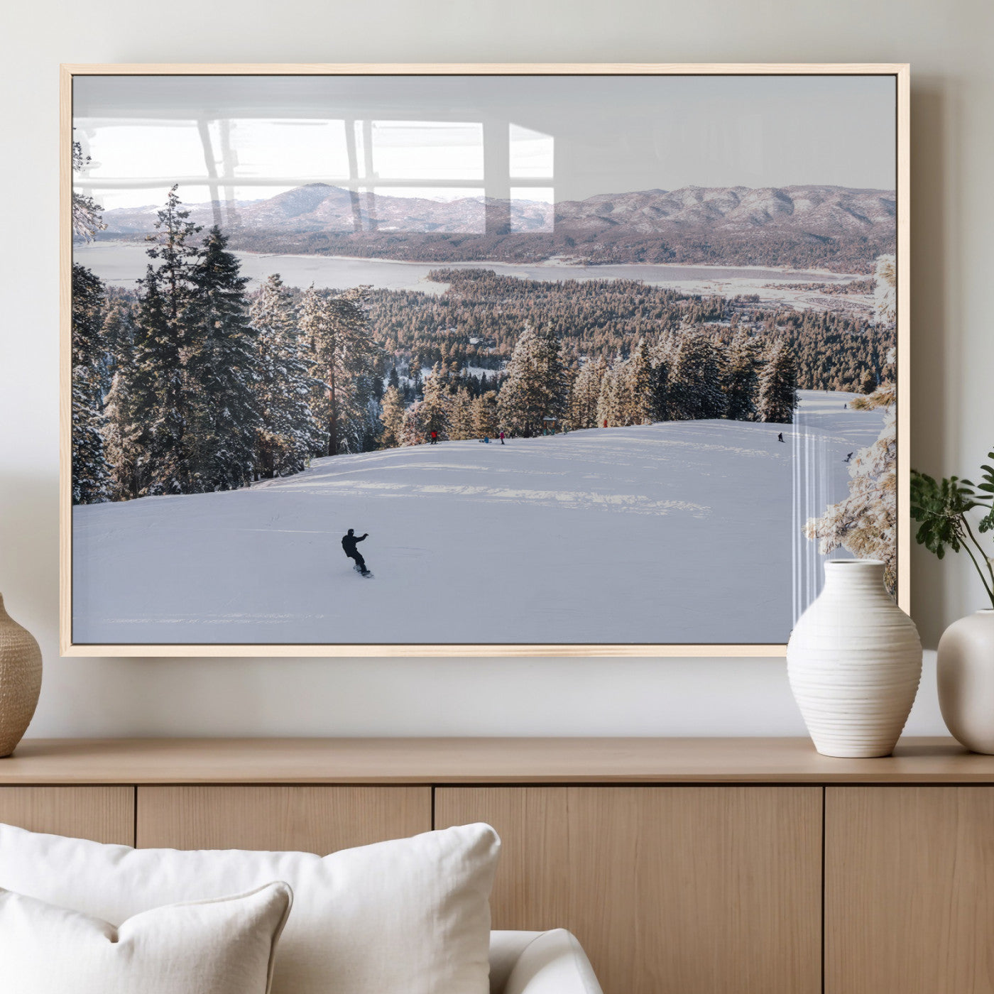 Canvas of a snowy mountain ski slope with pine trees and bright winter light, ideal for modern rustic or alpine-inspired home decor.