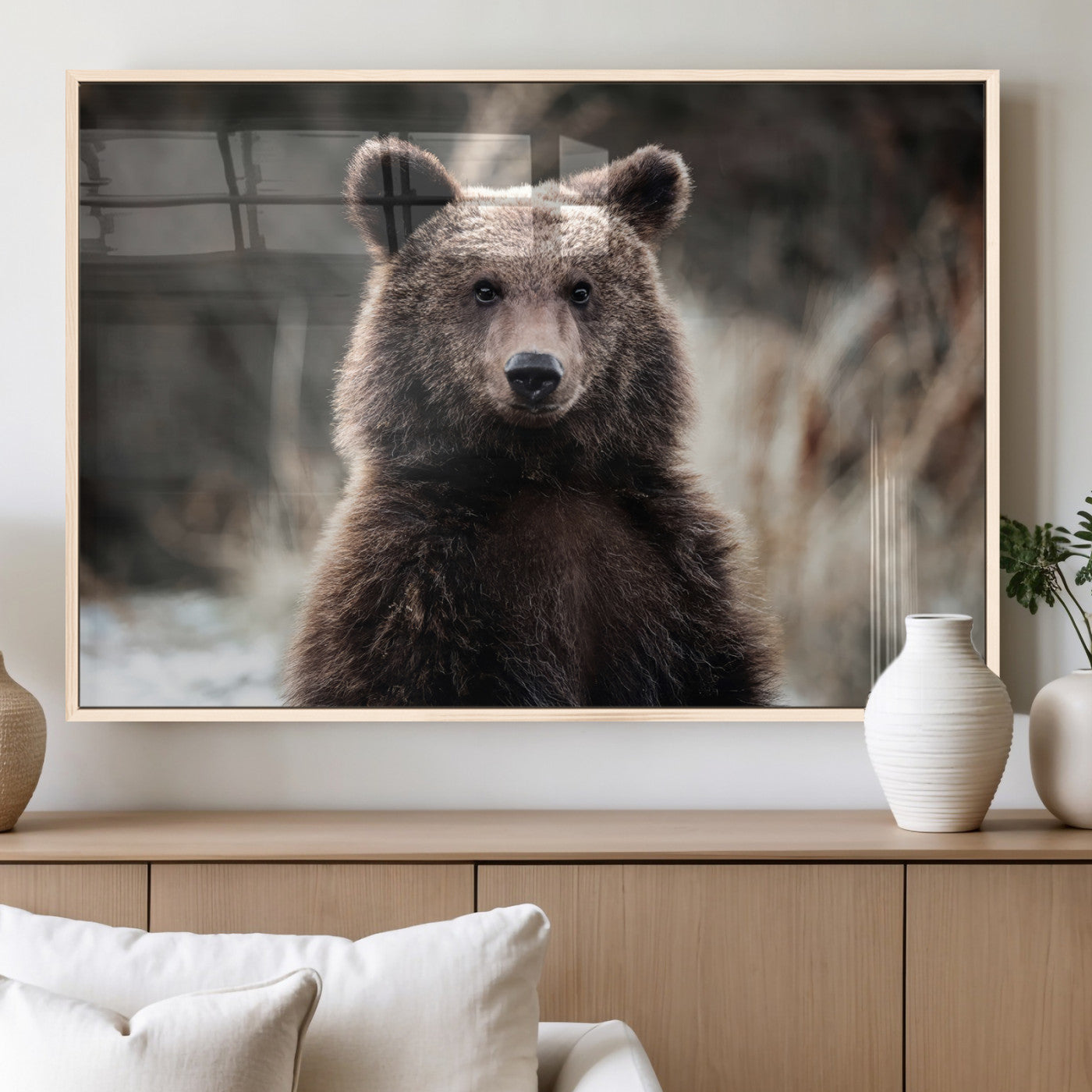 Canvas of a brown bear in soft earthy tones and moody forest light, ideal for rustic cabin or woodland nature-themed home decor.