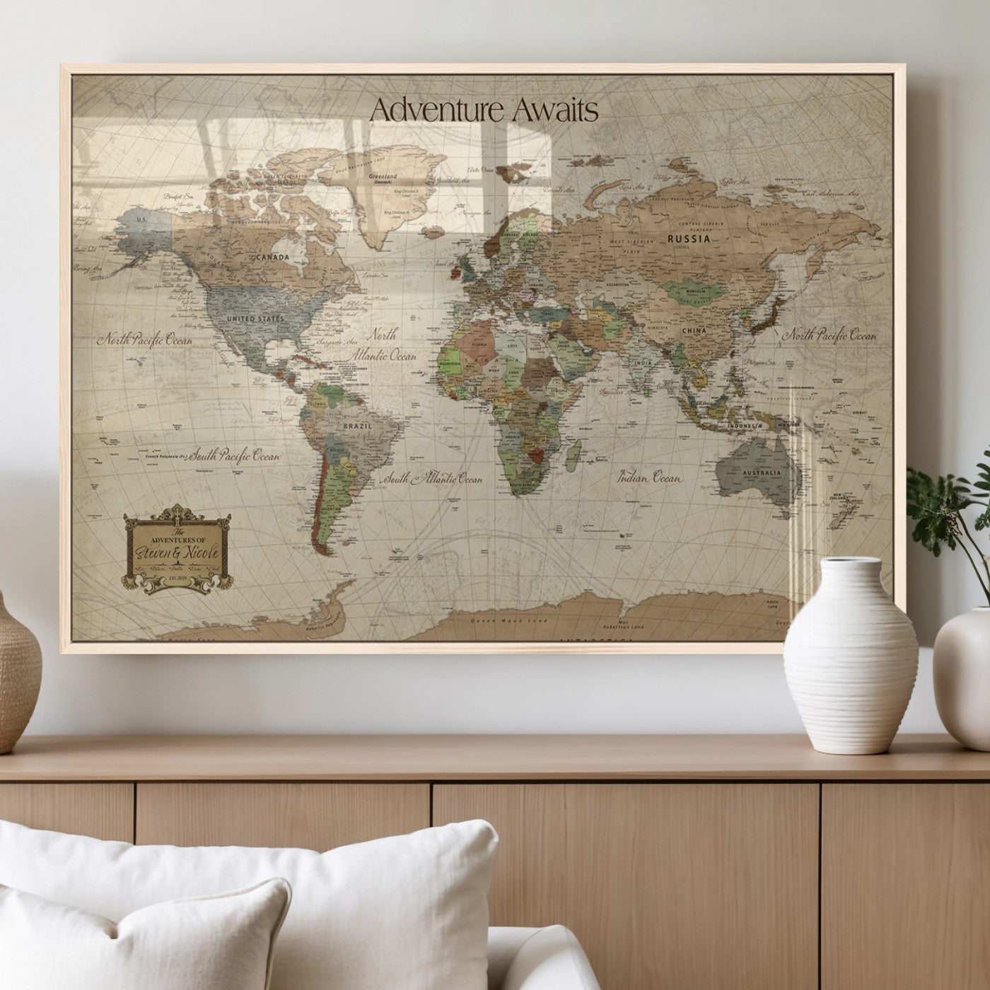 Custom Push Pin World Map Wall Canvas Print – Personalized Travel Tracker with Pins – Framed Custom Quotie Canvas for Home Office Decor
