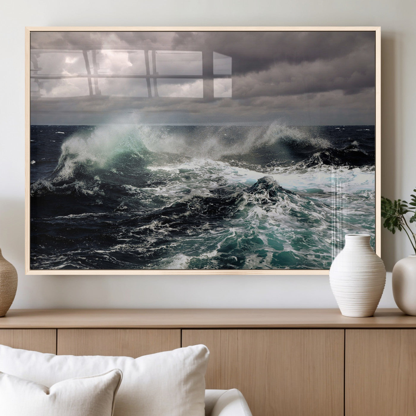 Powerful ocean waves crashing under stormy skies, creating a dynamic and intense seascape.