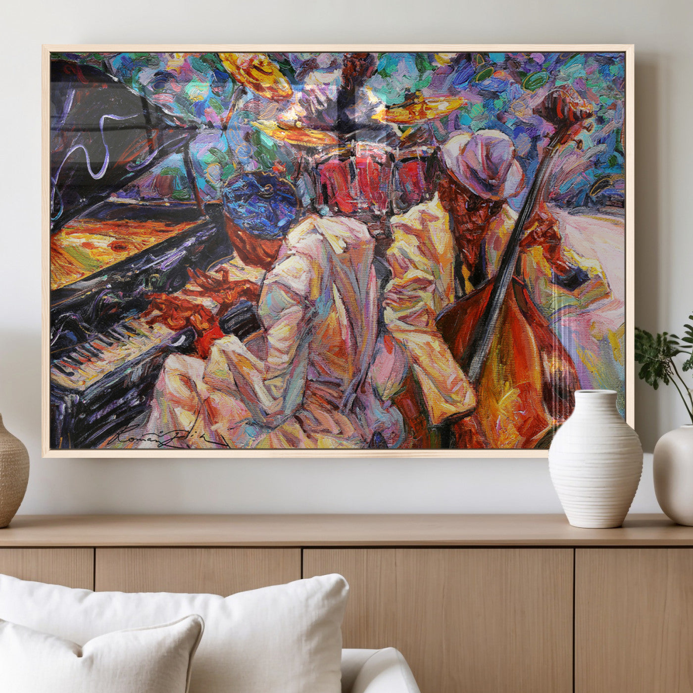 Vibrant oil painting of a jazz band with piano, saxophone, and bass, ideal for colorful and expressive music-themed home decor.