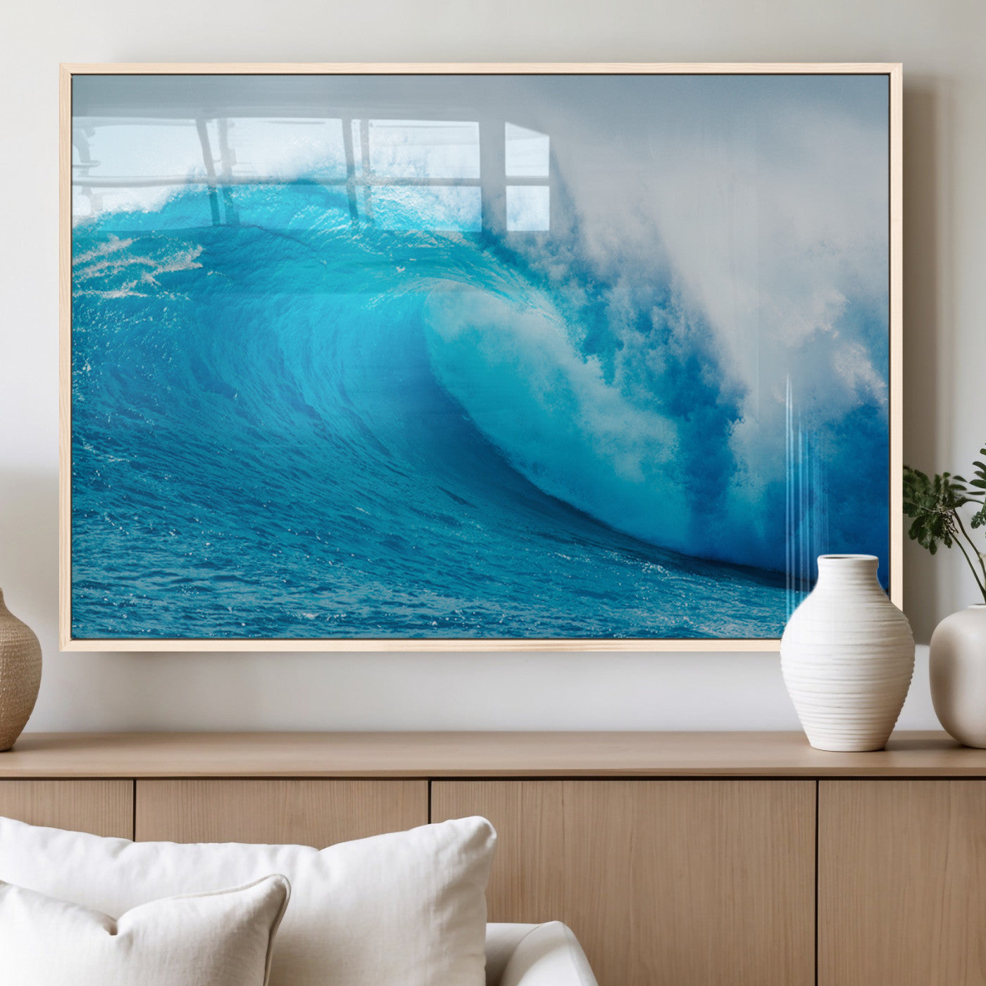 Vibrant canvas of a powerful curling ocean wave in tropical blue tones, perfect for coastal or surf-inspired decor settings.