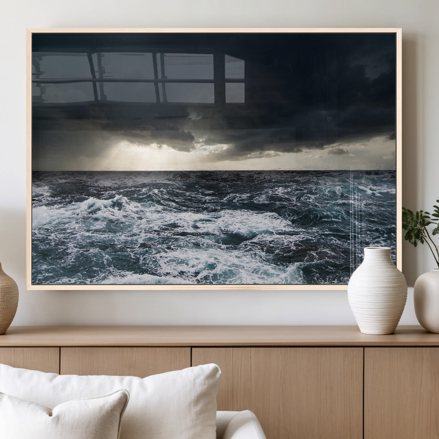 Moody ocean scene with stormy skies and crashing waves, perfect for dramatic or coastal-style home wall decor.