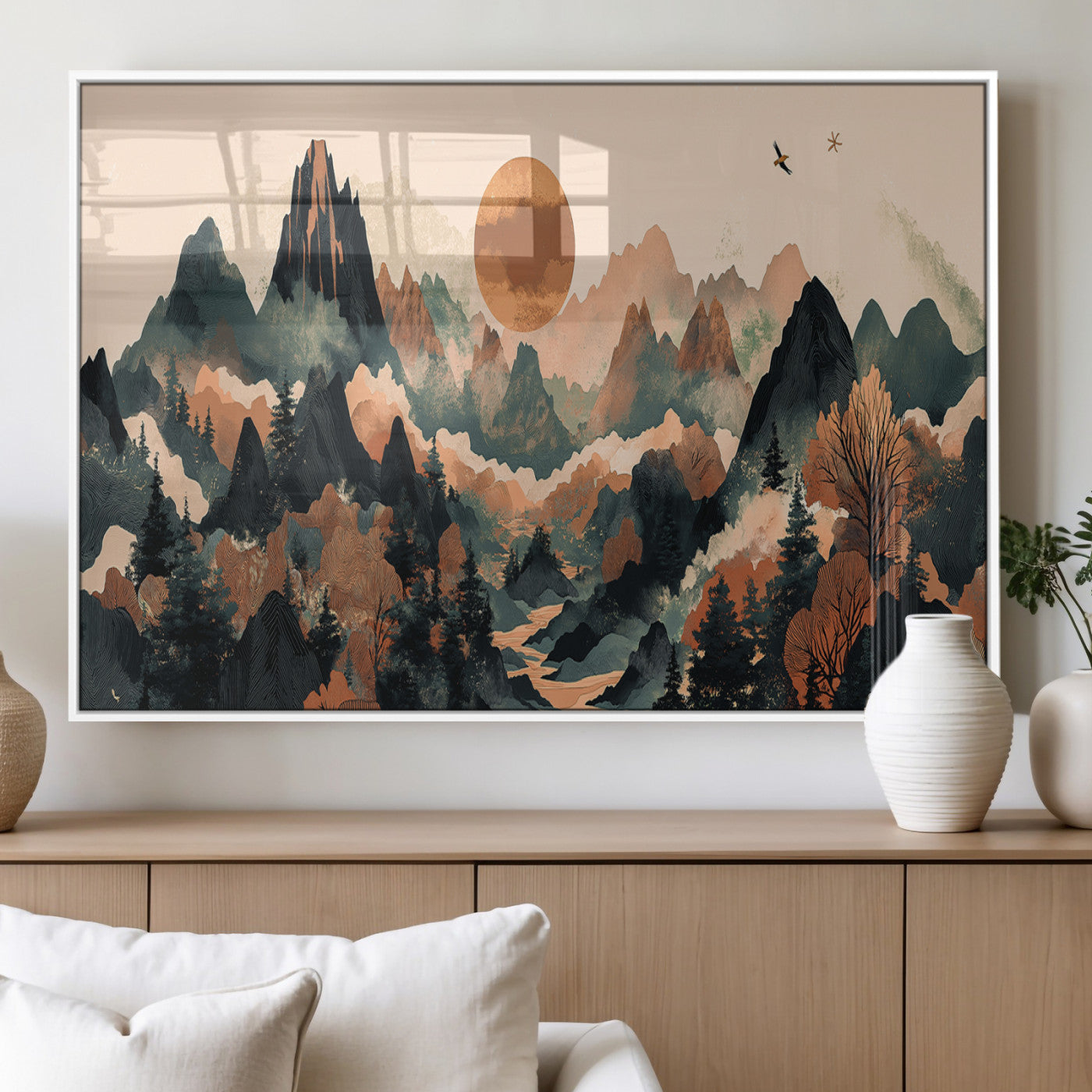 Mountain Landscape Wall Art Print - Sunset Hills Canvas Print, featuring an abstract nature scene with earthy tones and misty peaks, perfect for boho and modern decor.
