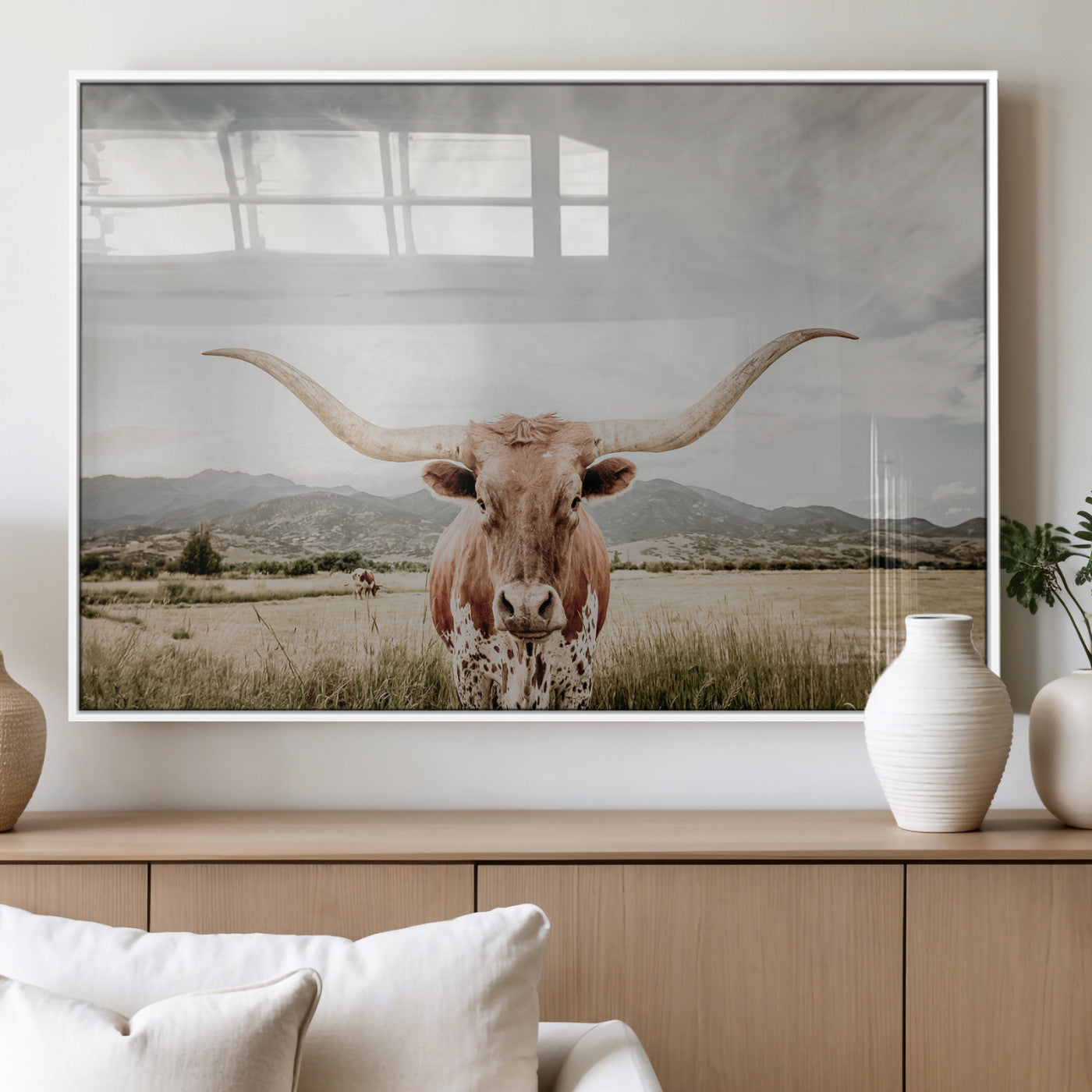 Longhorn Wall Art Print - Western Cow Canvas Print, featuring a majestic Texas longhorn in a rustic prairie setting, perfect for farmhouse and western decor.