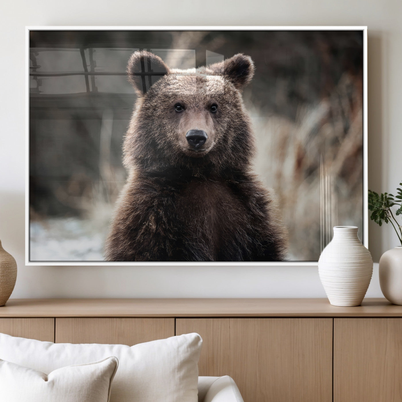 Canvas of a brown bear in soft earthy tones and moody forest light, ideal for rustic cabin or woodland nature-themed home decor.